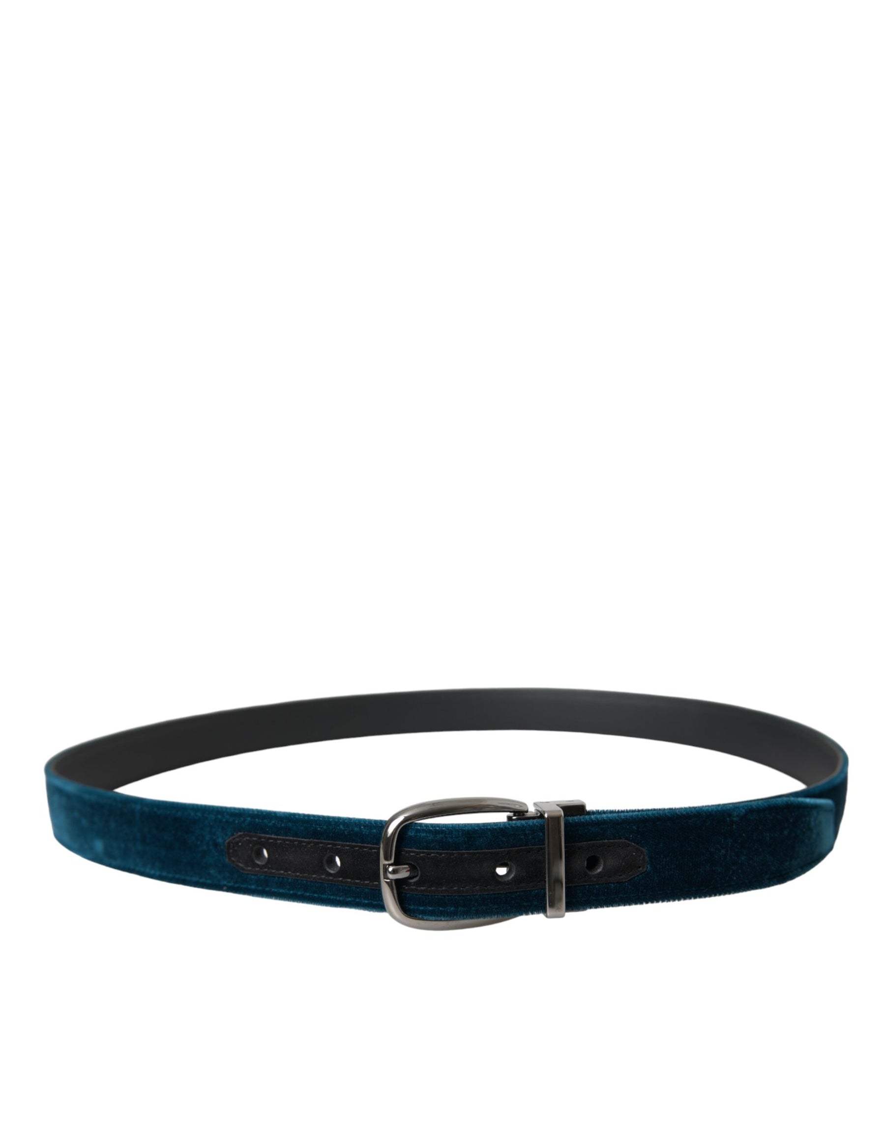 Dolce & Gabbana Blue Velvet Leather Silver Metal Buckle Belt | Regal Royce