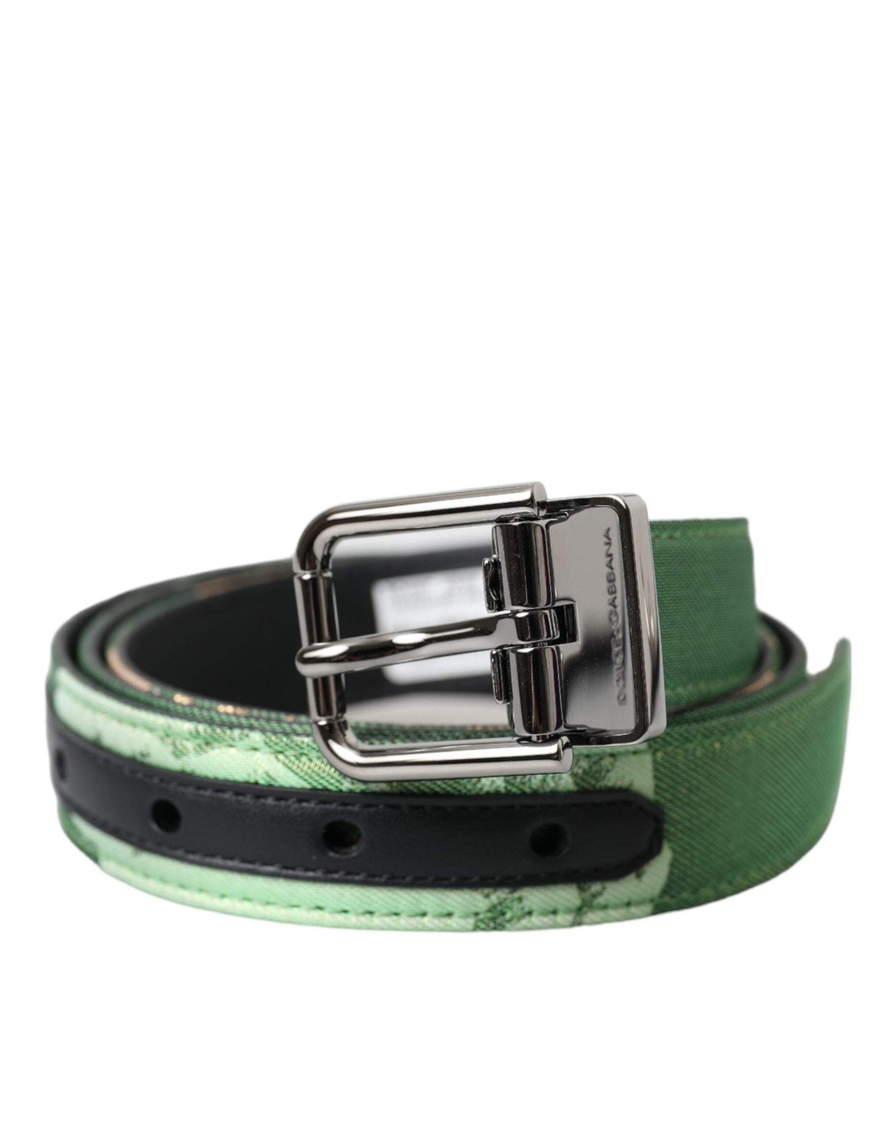 Dolce & Gabbana Green Leather Jacquard Silver Metal Buckle Belt | Regal Royce