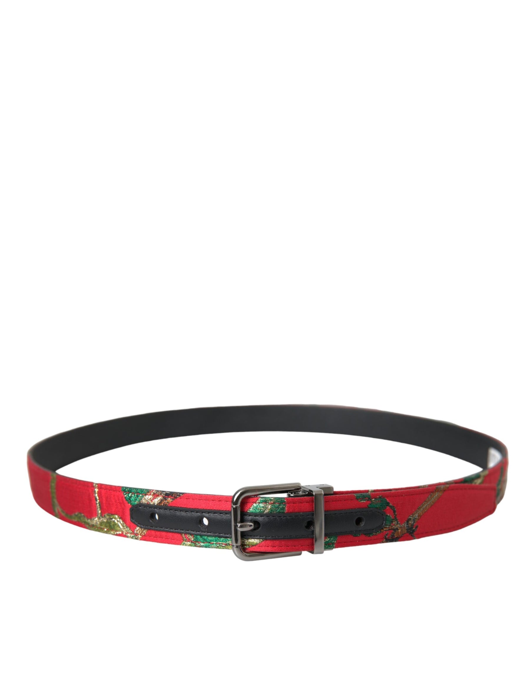 Dolce & Gabbana Red Leather Jacquard Silver Metal Buckle Belt | Regal Royce