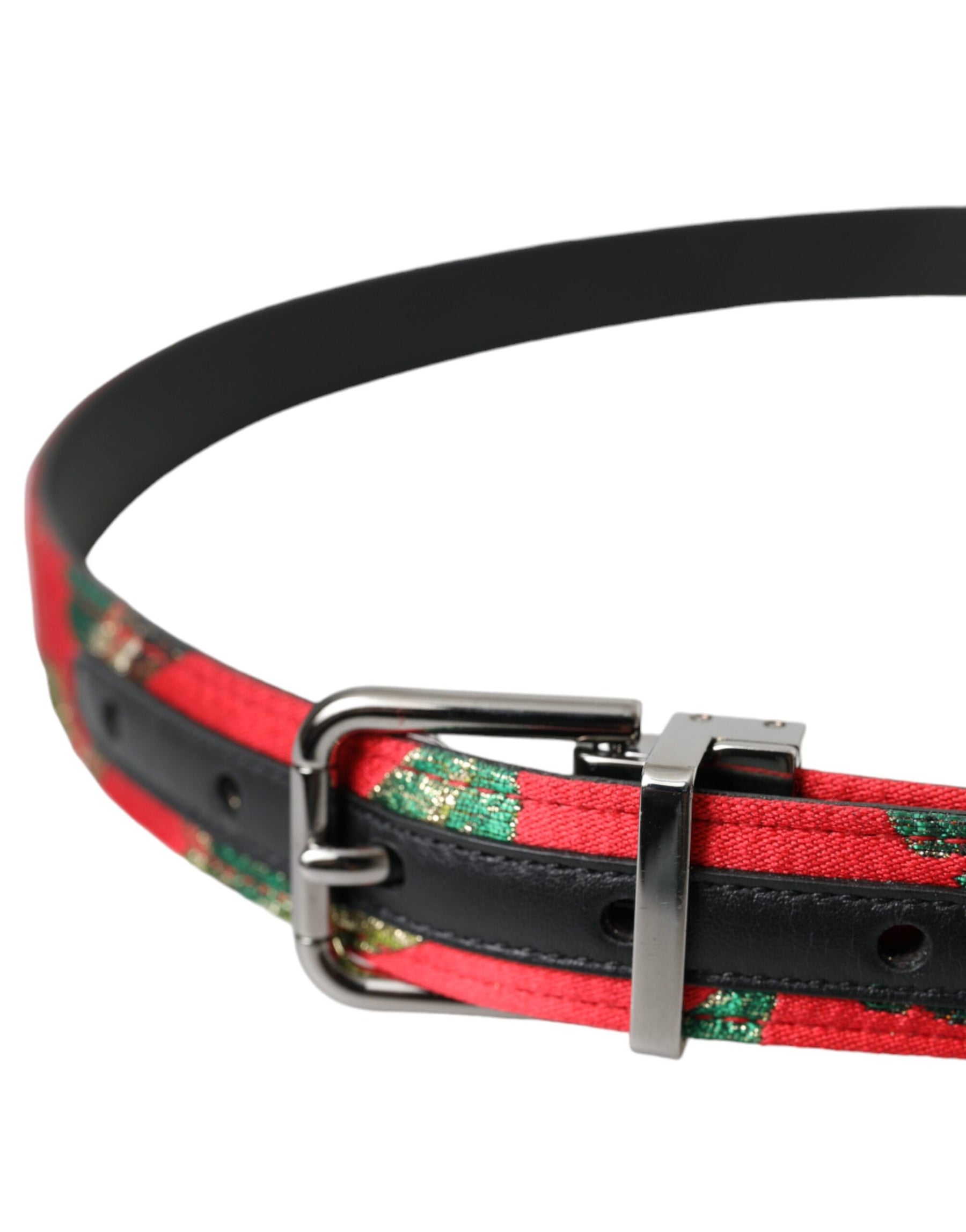 Dolce & Gabbana Red Leather Jacquard Silver Metal Buckle Belt | Regal Royce