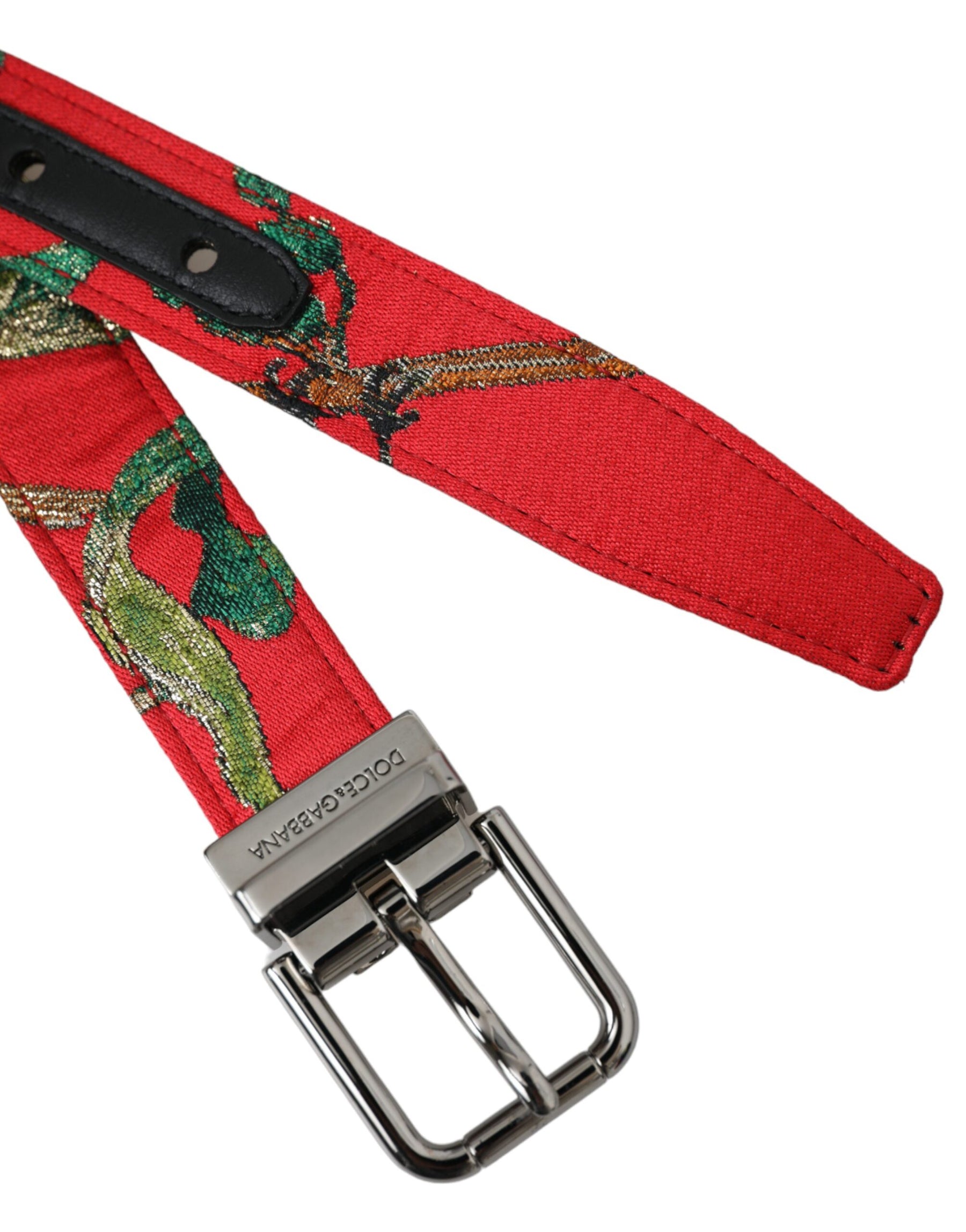 Dolce & Gabbana Red Leather Jacquard Silver Metal Buckle Belt | Regal Royce
