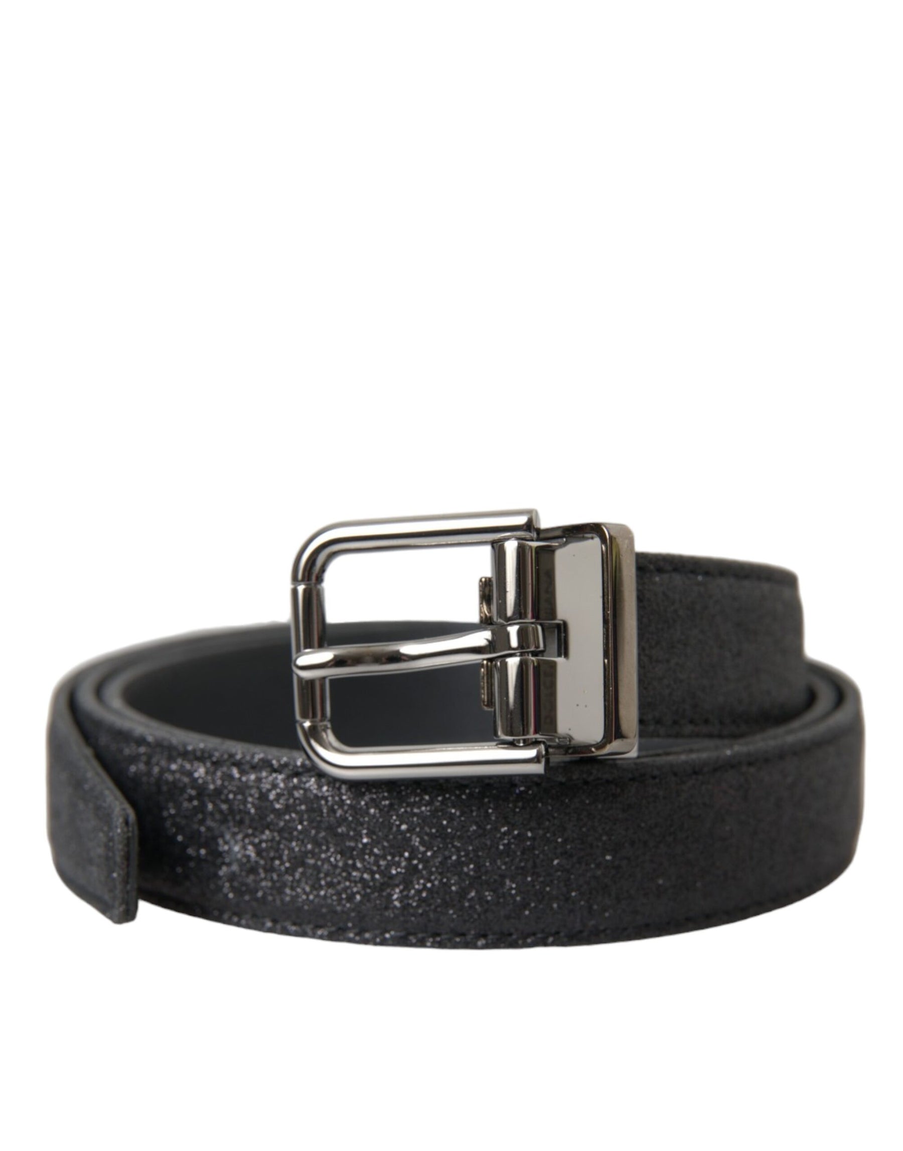 Dolce & Gabbana Black Glittered Leather Silver Buckle Belt | Regal Royce