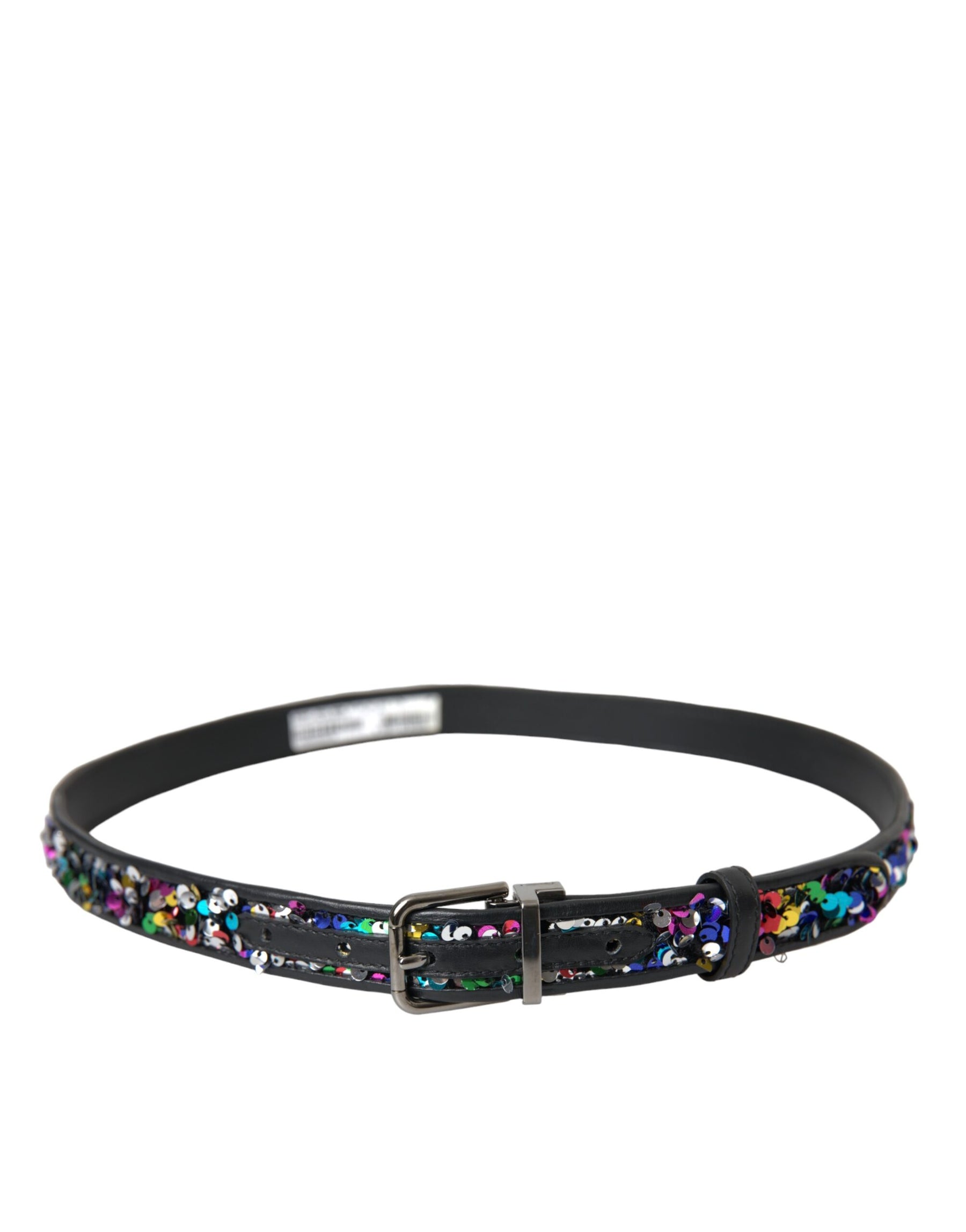 Dolce & Gabbana Black Sequined Silver Metal Buckle Women Belt | Regal Royce