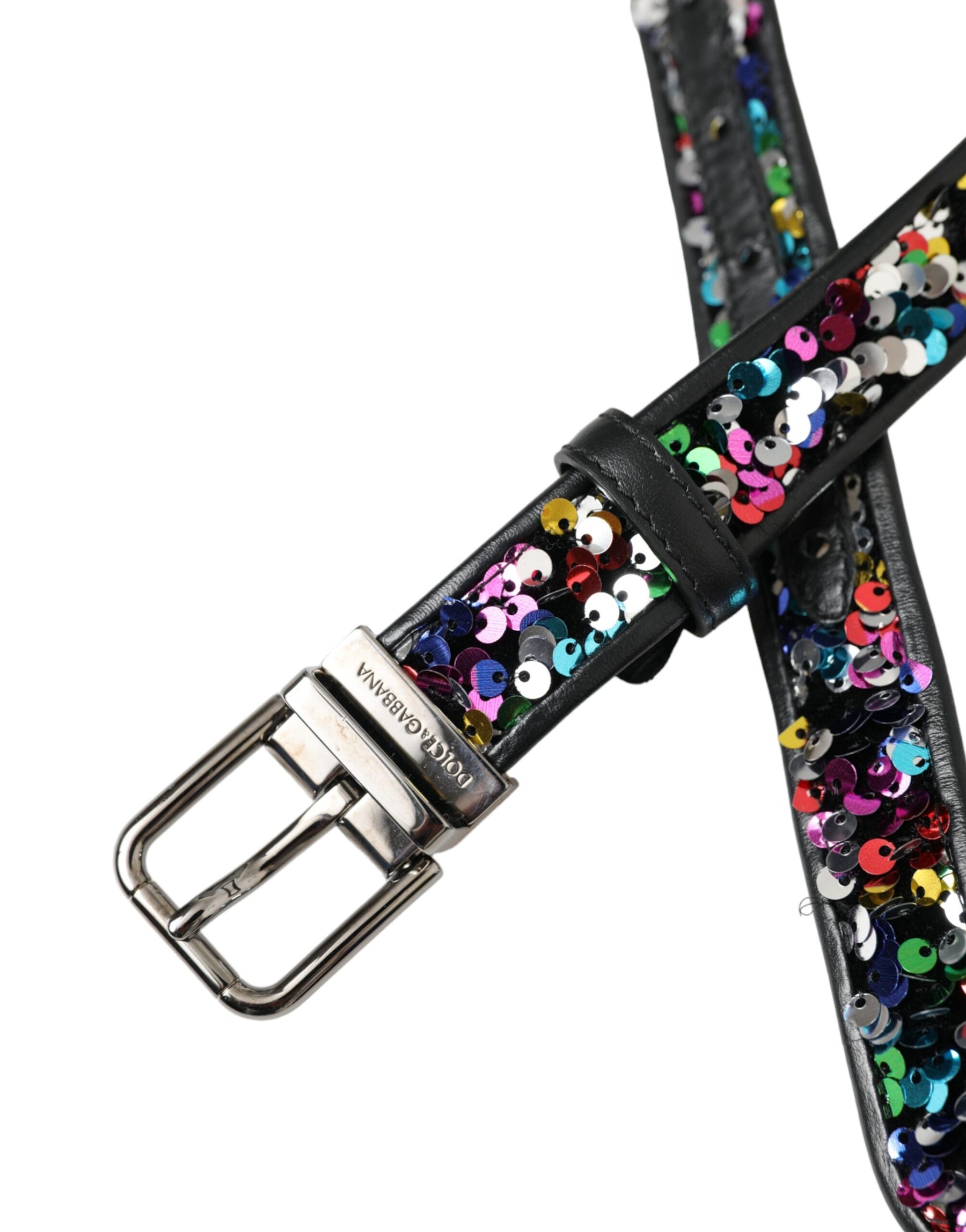 Dolce & Gabbana Black Sequined Silver Metal Buckle Women Belt | Regal Royce