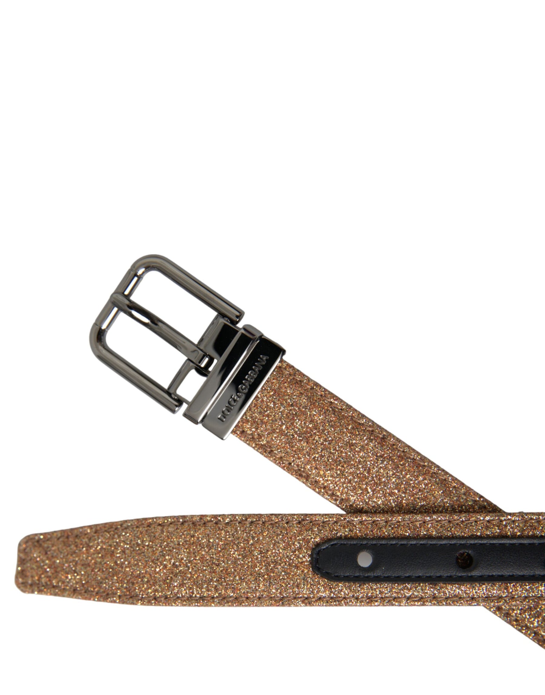 Dolce & Gabbana Gold Glitter Leather Silver Metal Buckle Belt | Regal Royce