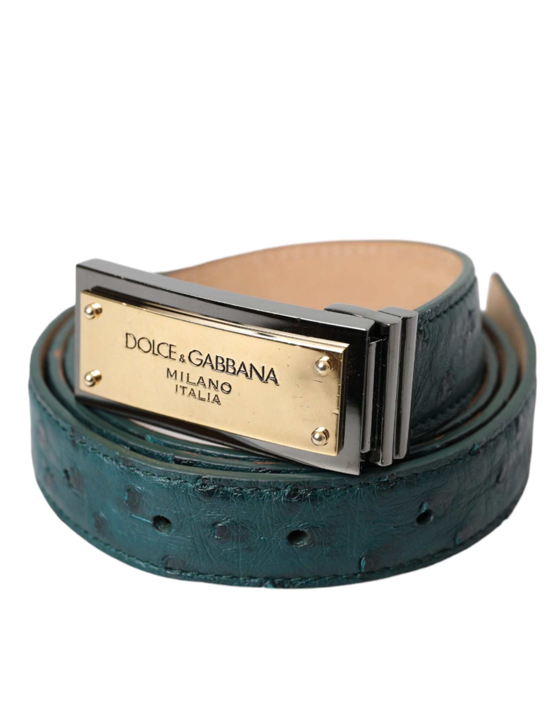 Dolce & Gabbana Green Leather Gold Logo Engraved Buckle Belt | Regal Royce