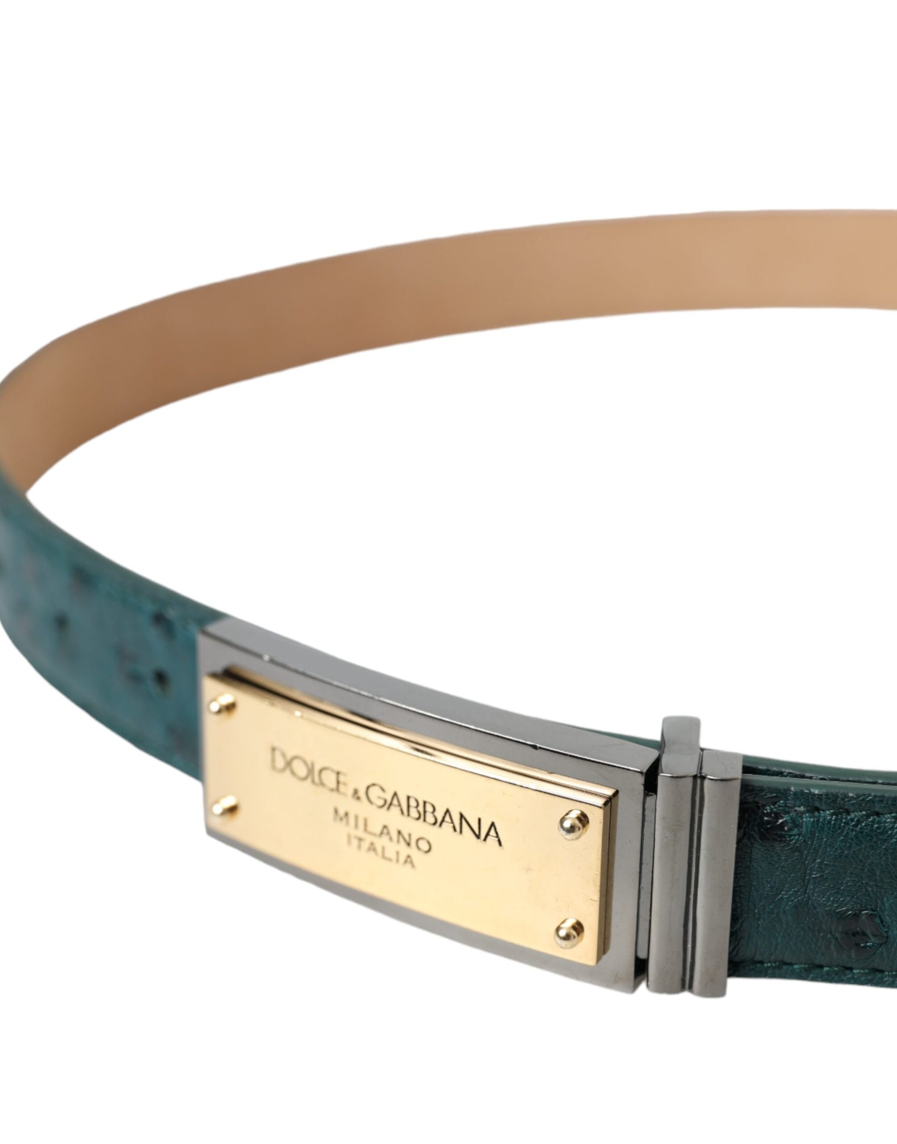 Dolce & Gabbana Green Leather Gold Logo Engraved Buckle Belt | Regal Royce
