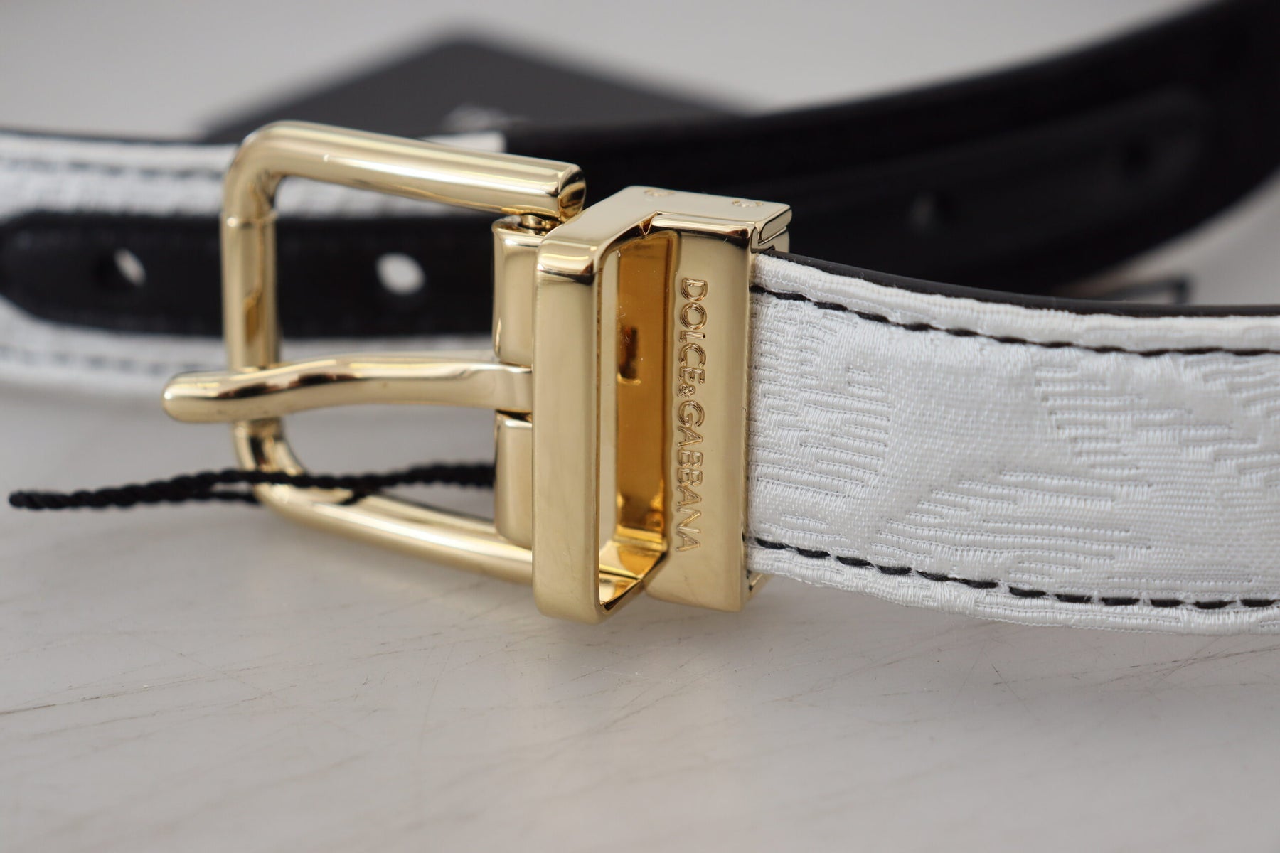 Dolce & Gabbana White Black Patchwork Gold Metal Buckle Belt | Regal Royce