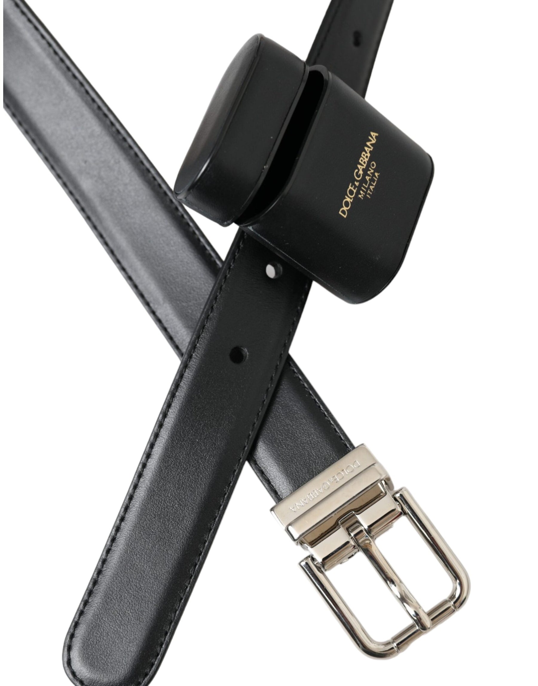 Dolce & Gabbana Black Leather Airpods Case Silver Buckle Belt | Regal Royce