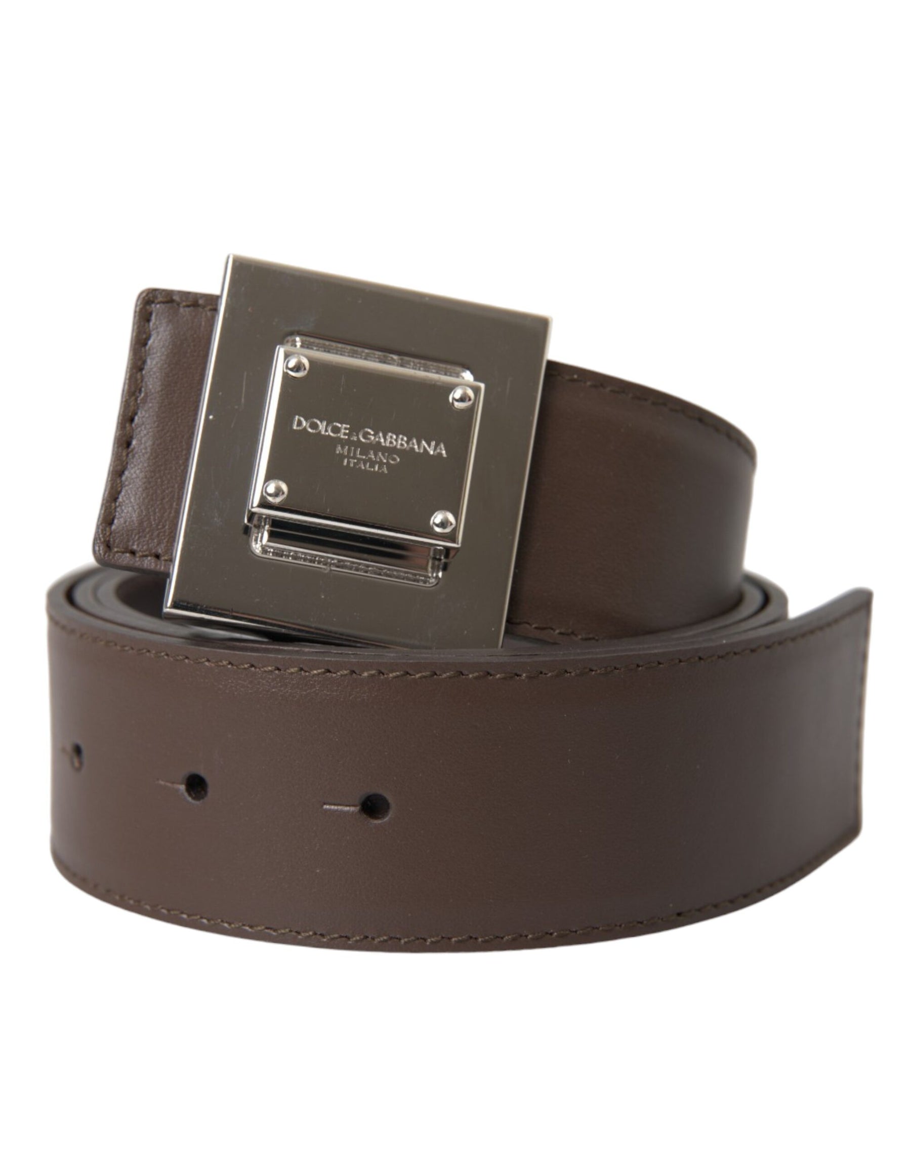 Dolce & Gabbana Brown Calf Leather Square Metal Buckle Belt | Regal Royce