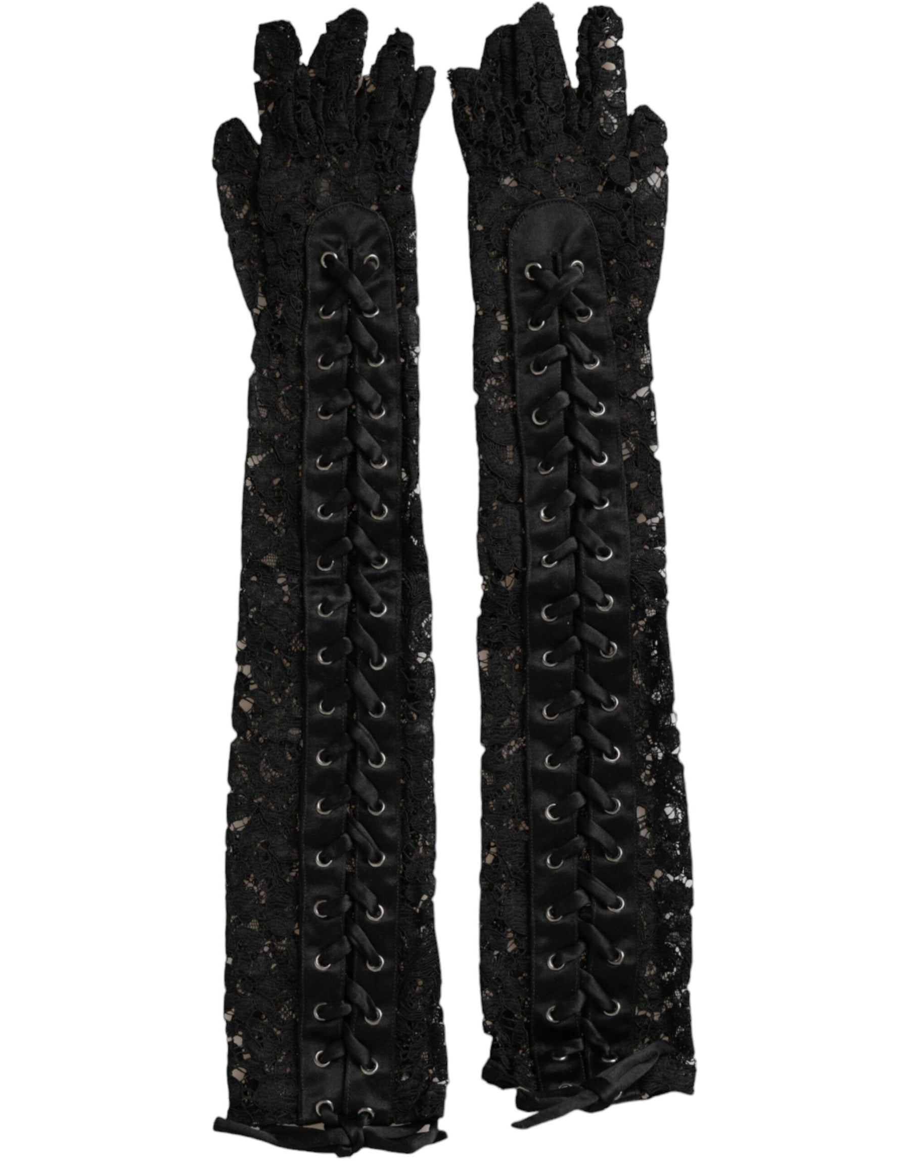 Dolce & Gabbana Black Taormina Lace Elbow Length Gloves | Regal Royce