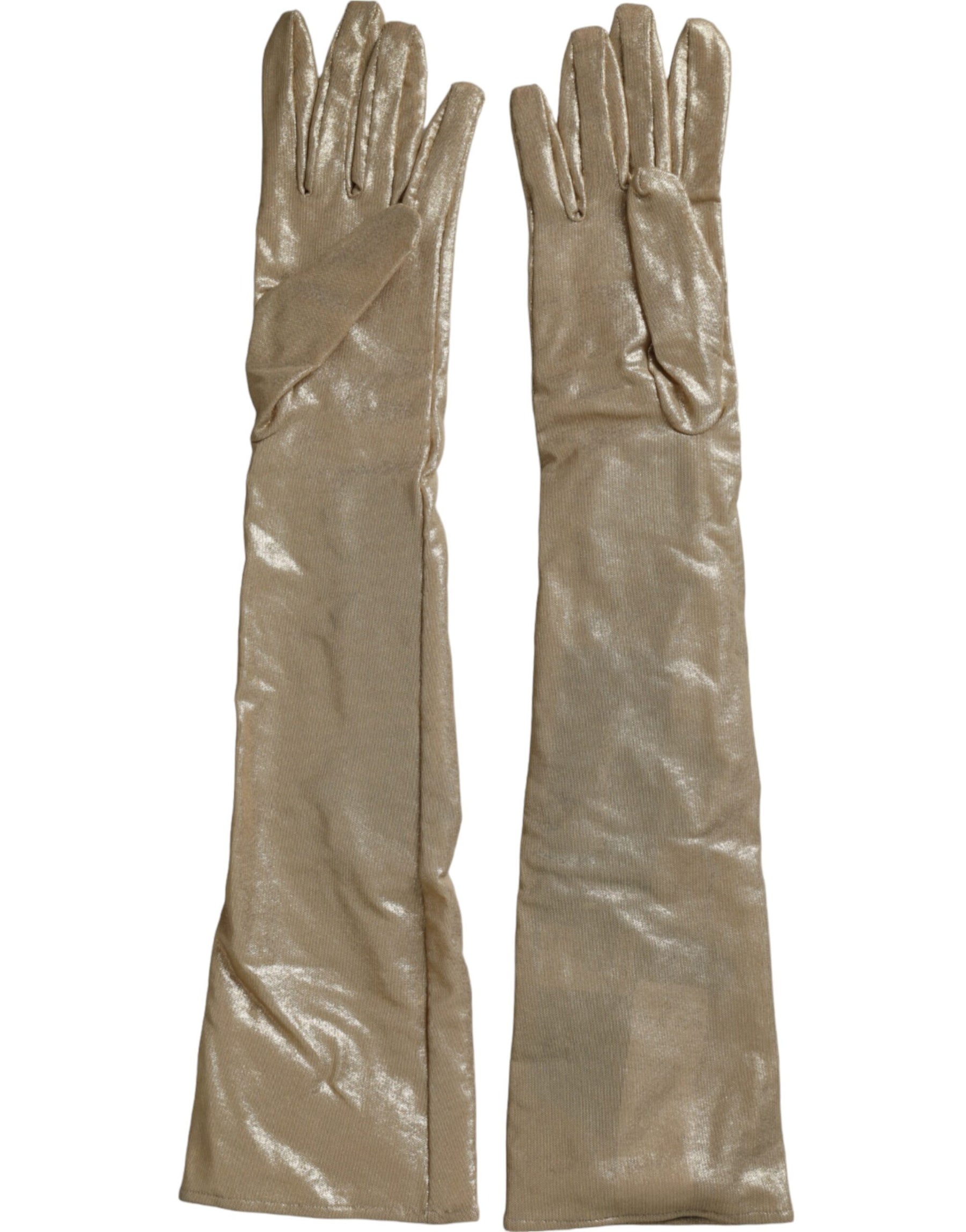 Dolce & Gabbana Beige Satin Crystal Elbow Length Gloves | Regal Royce