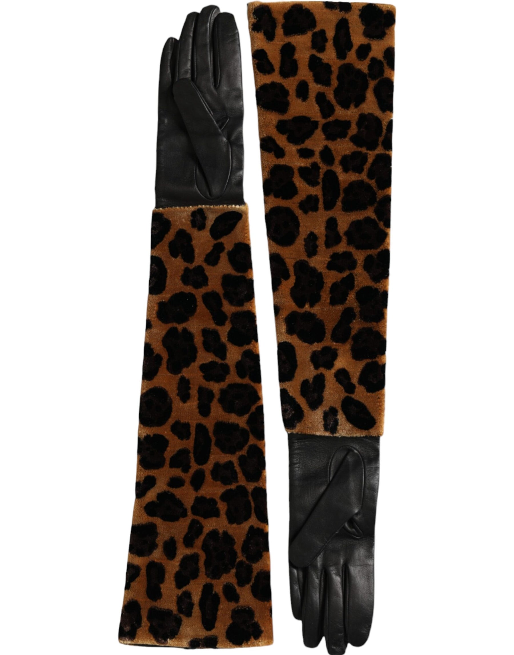 Dolce & Gabbana Brown Black Leopard Leather Elbow Length Gloves | Regal Royce