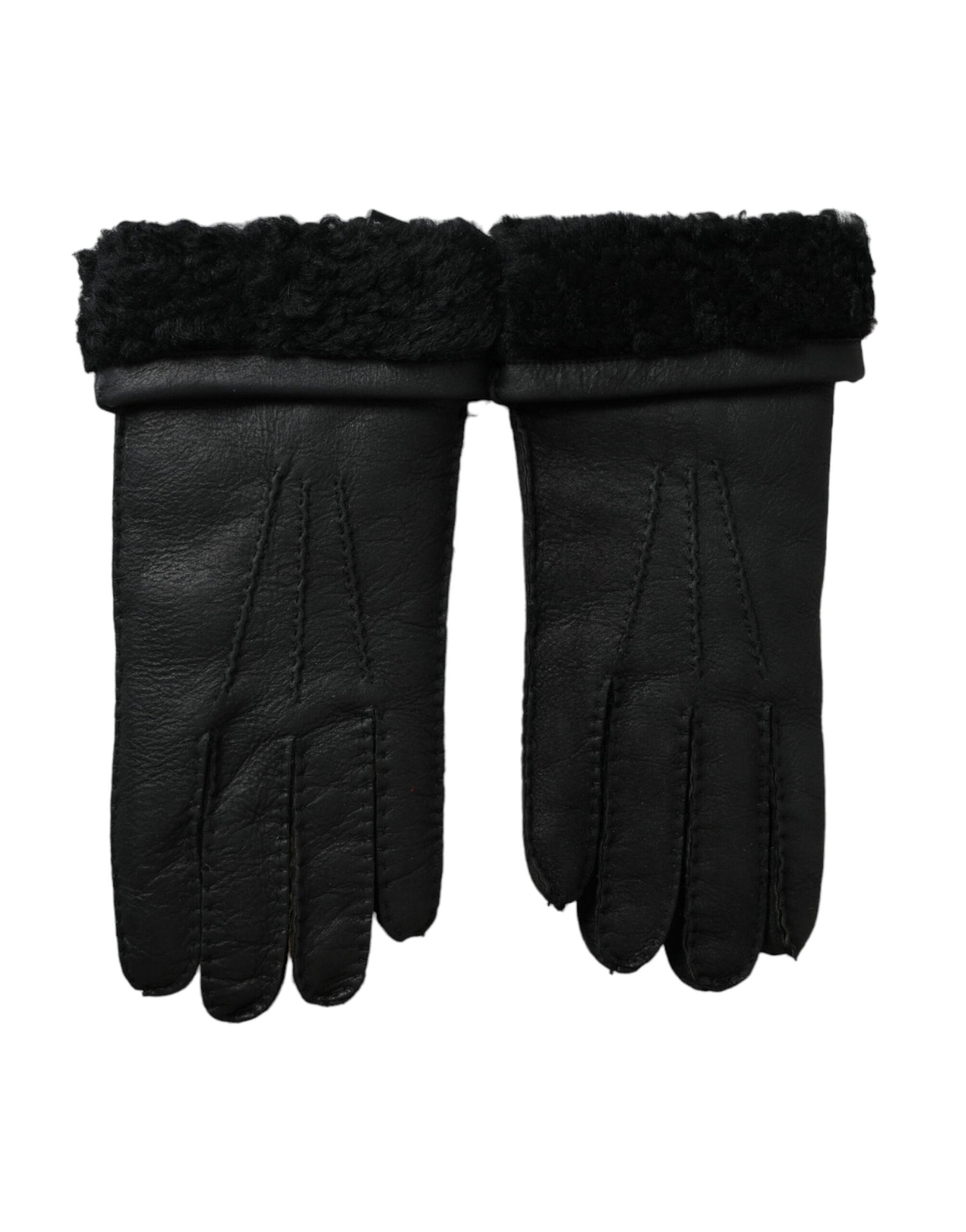 Dolce & Gabbana Black Leather Fur Short Hands Gloves | Regal Royce