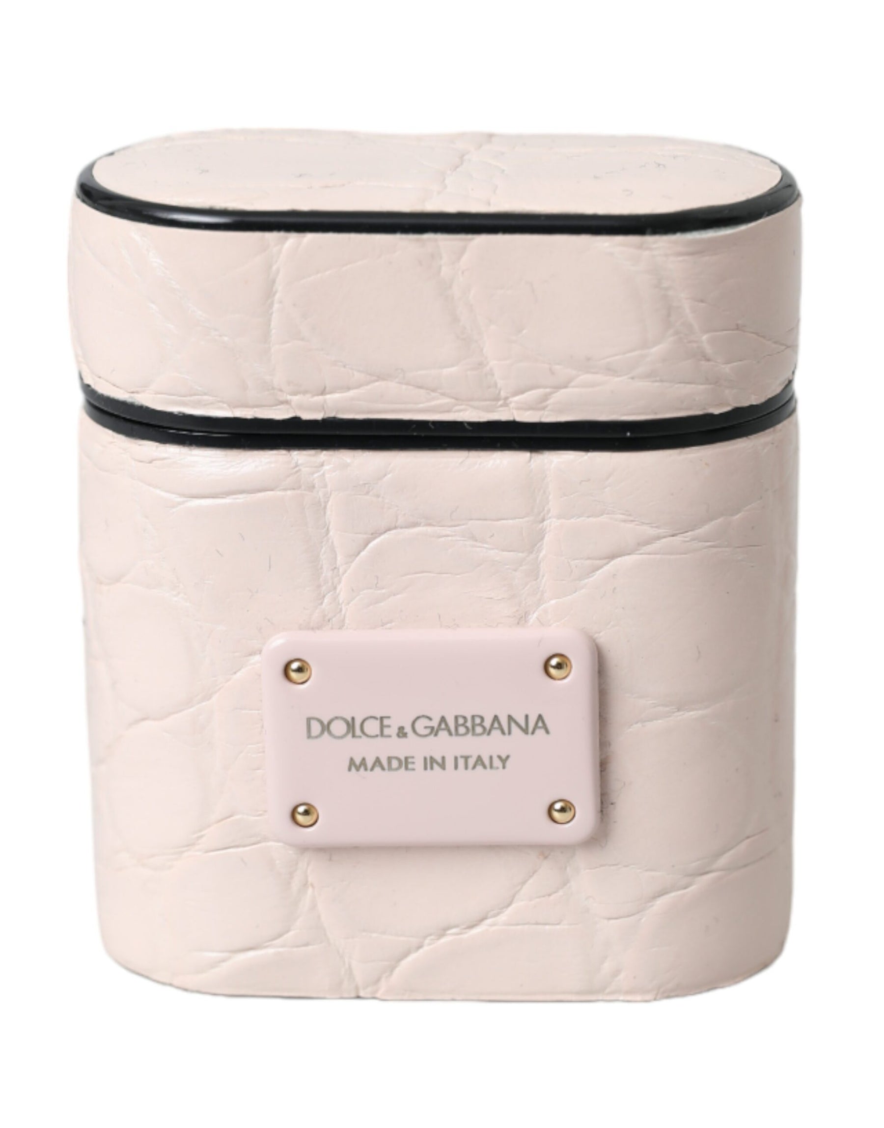 Dolce & Gabbana Light Pink Leather Metal Logo Plaque Airpods Case | Regal Royce