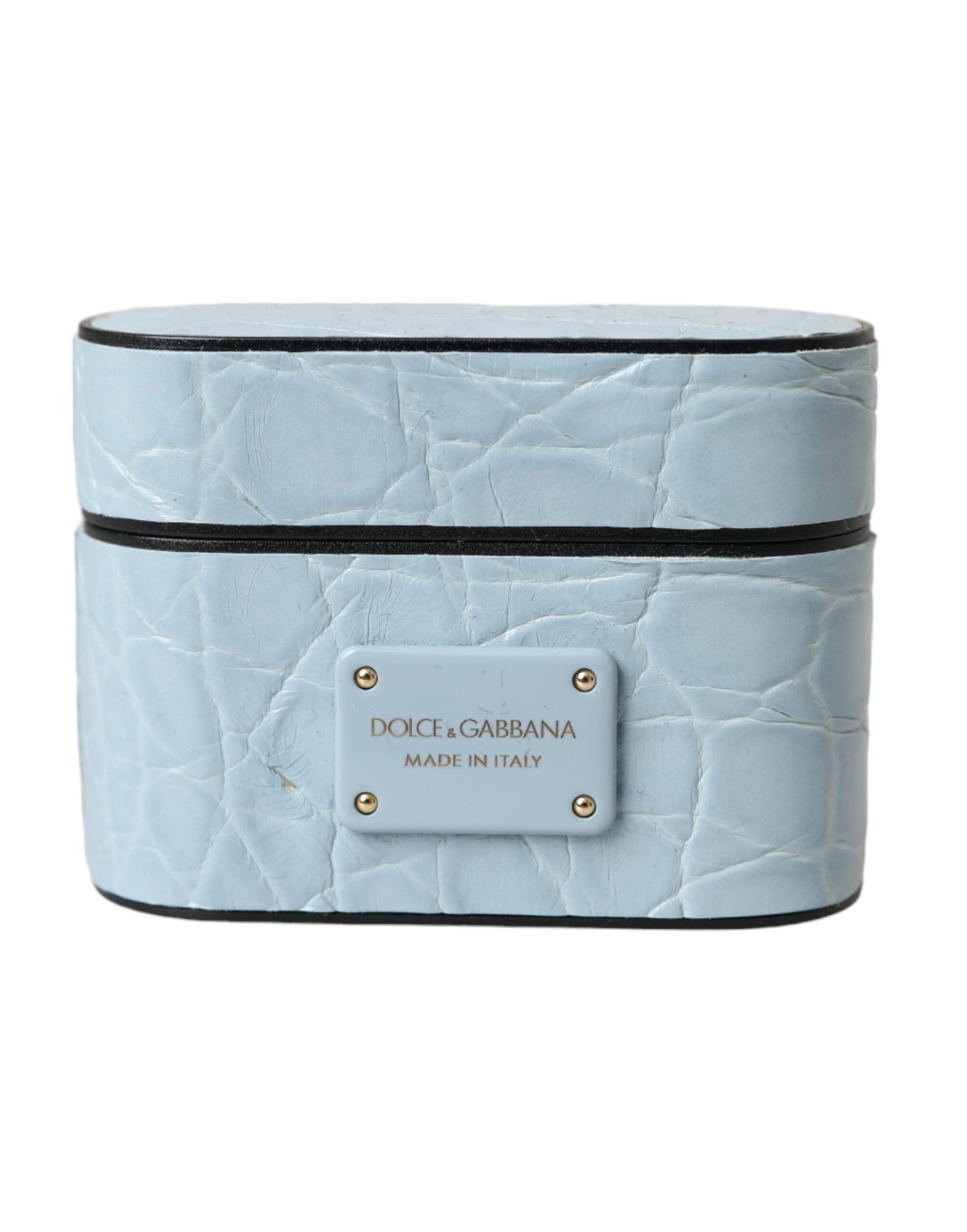 Dolce & Gabbana Light Blue Leather Metal Logo Plaque Airpods Case | Regal Royce