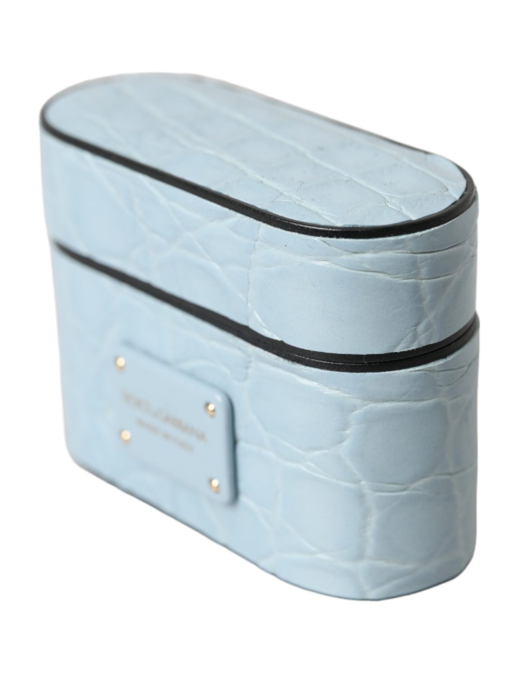 Dolce & Gabbana Light Blue Leather Metal Logo Plaque Airpods Case | Regal Royce