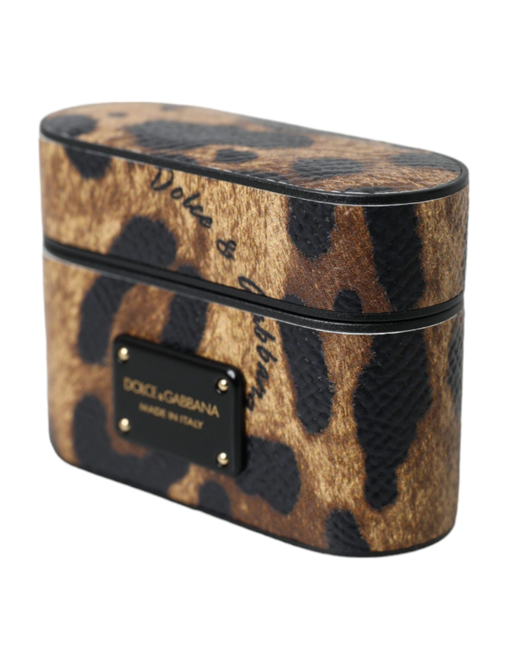 Dolce & Gabbana Brown Leopard Calf Leather Metal Logo Plaque Airpods Case | Regal Royce