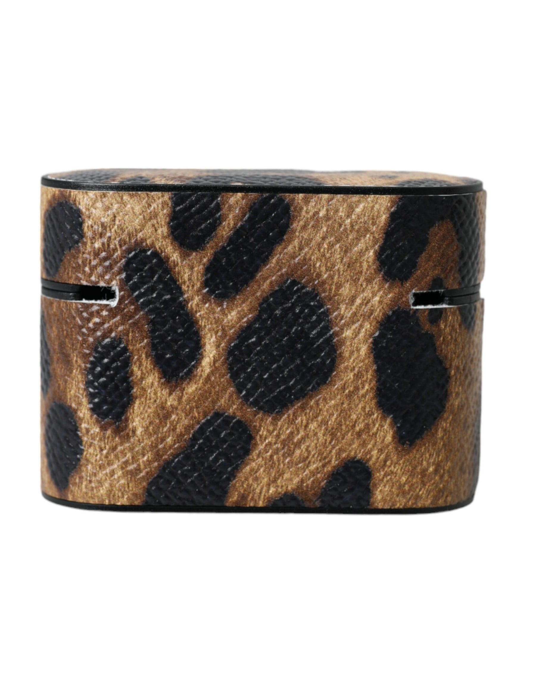 Dolce & Gabbana Brown Leopard Calf Leather Metal Logo Plaque Airpods Case | Regal Royce