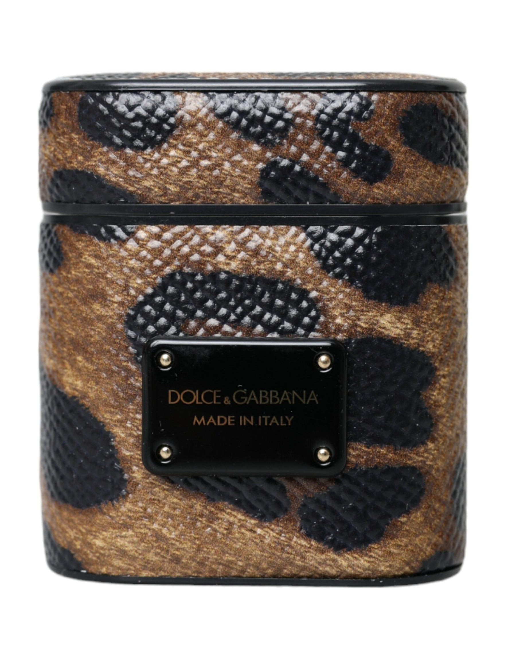 Dolce & Gabbana Brown Leopard Calf Leather Metal Logo Plaque Airpods Case | Regal Royce