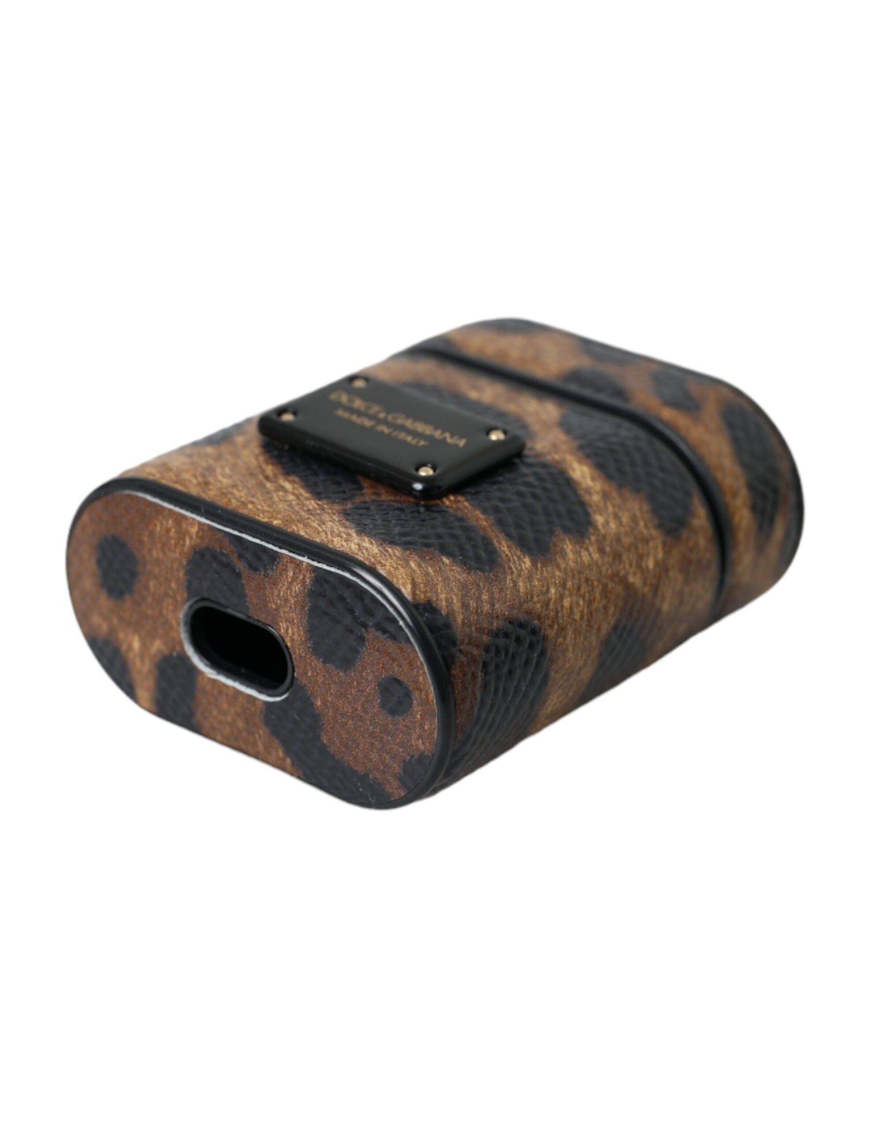 Dolce & Gabbana Brown Leopard Calf Leather Metal Logo Plaque Airpods Case | Regal Royce