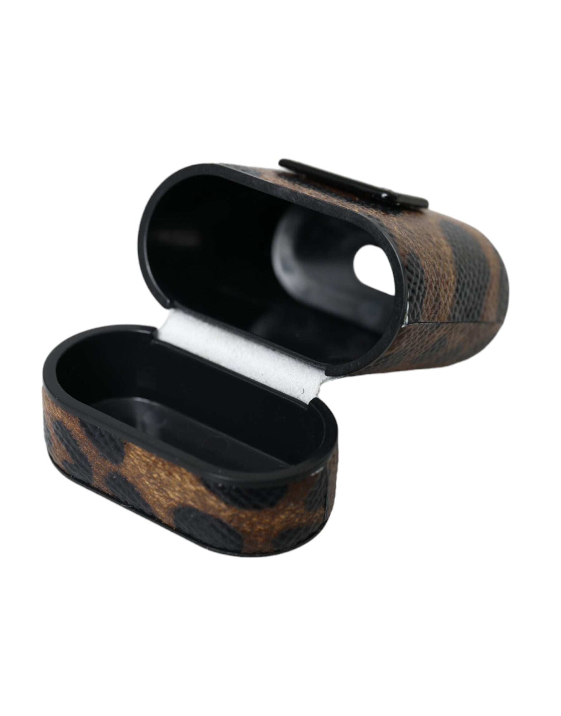 Dolce & Gabbana Brown Leopard Calf Leather Metal Logo Plaque Airpods Case | Regal Royce