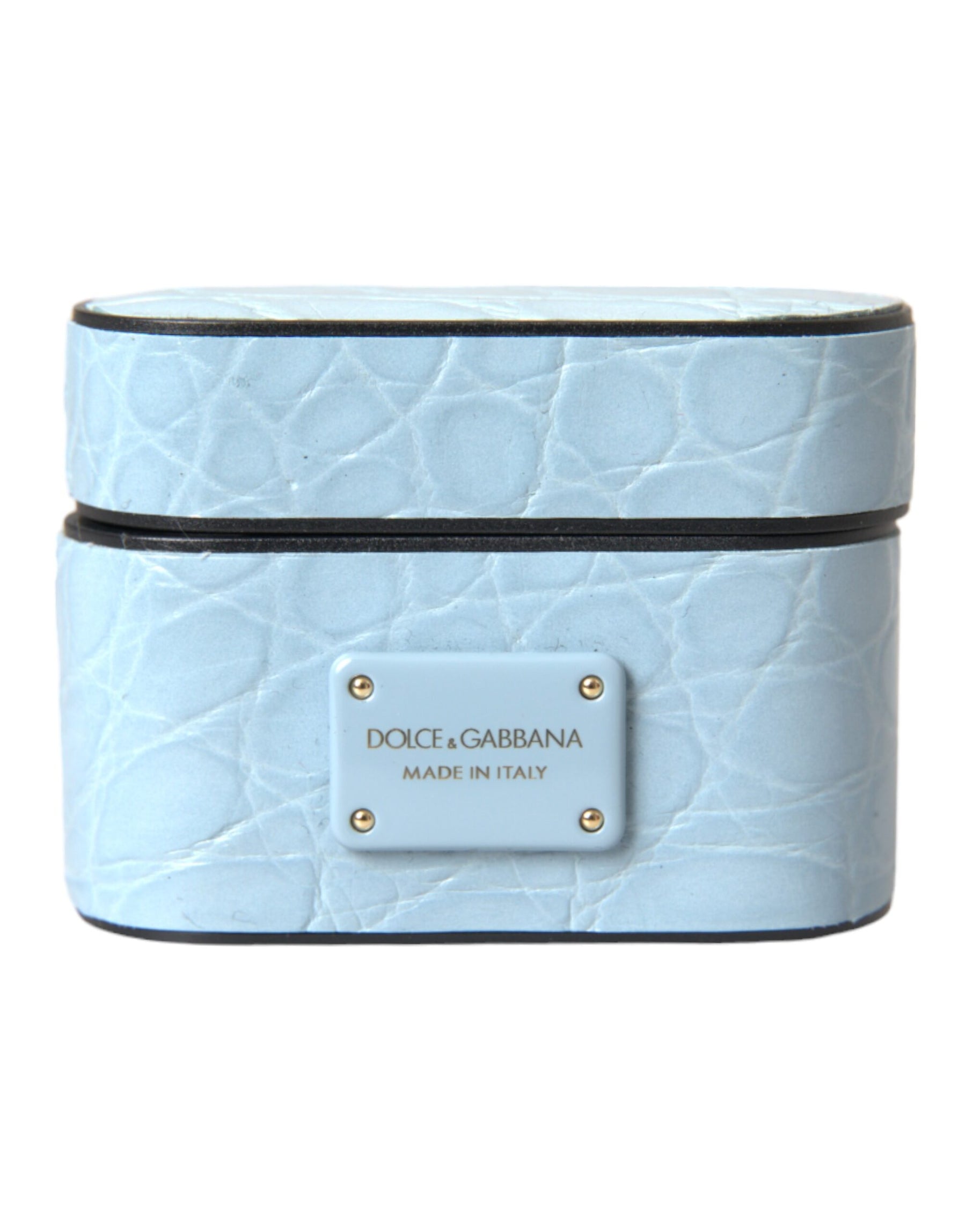 Dolce & Gabbana Light Blue Leather Metal Logo Plaque Airpods Case | Regal Royce