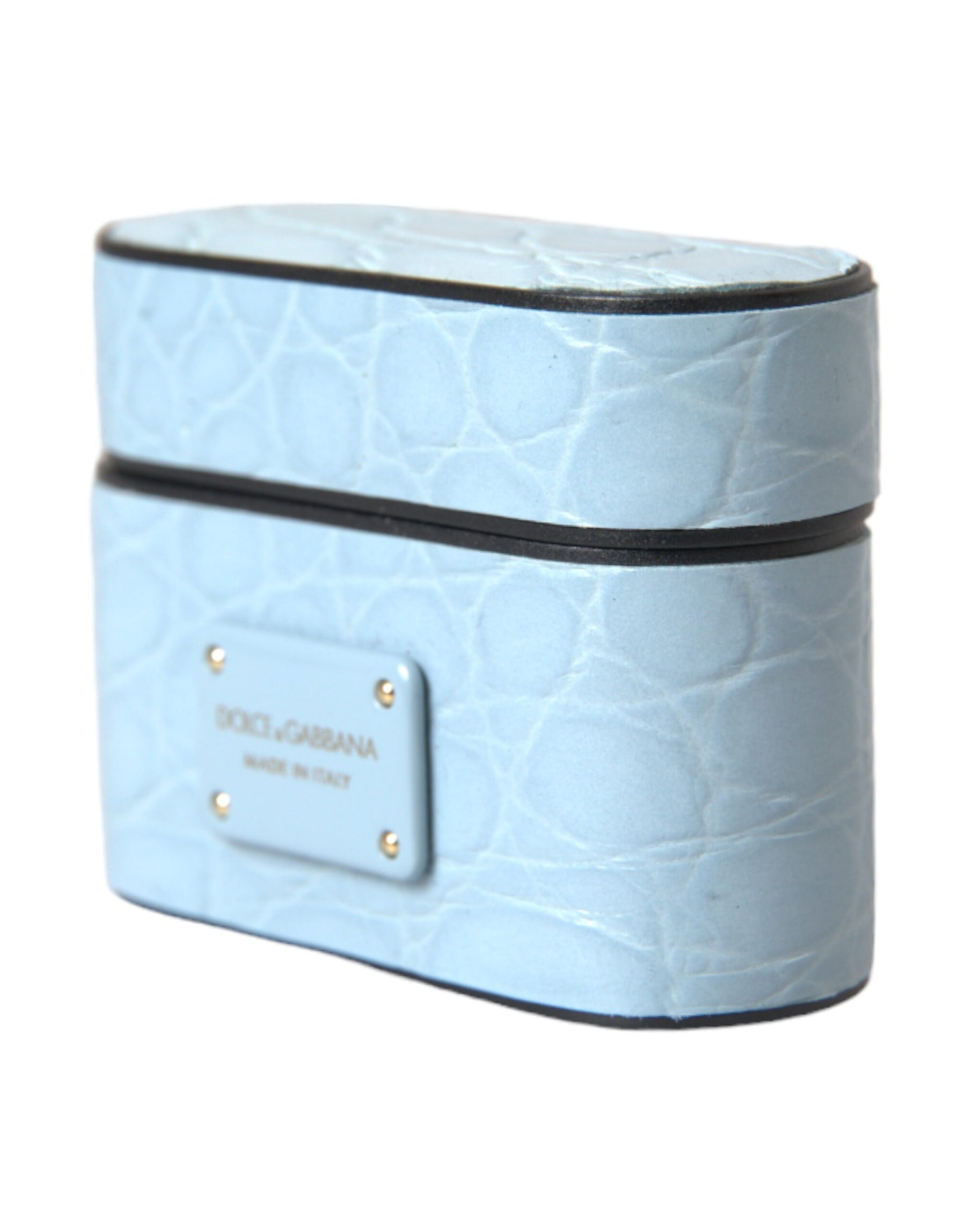 Dolce & Gabbana Light Blue Leather Metal Logo Plaque Airpods Case | Regal Royce