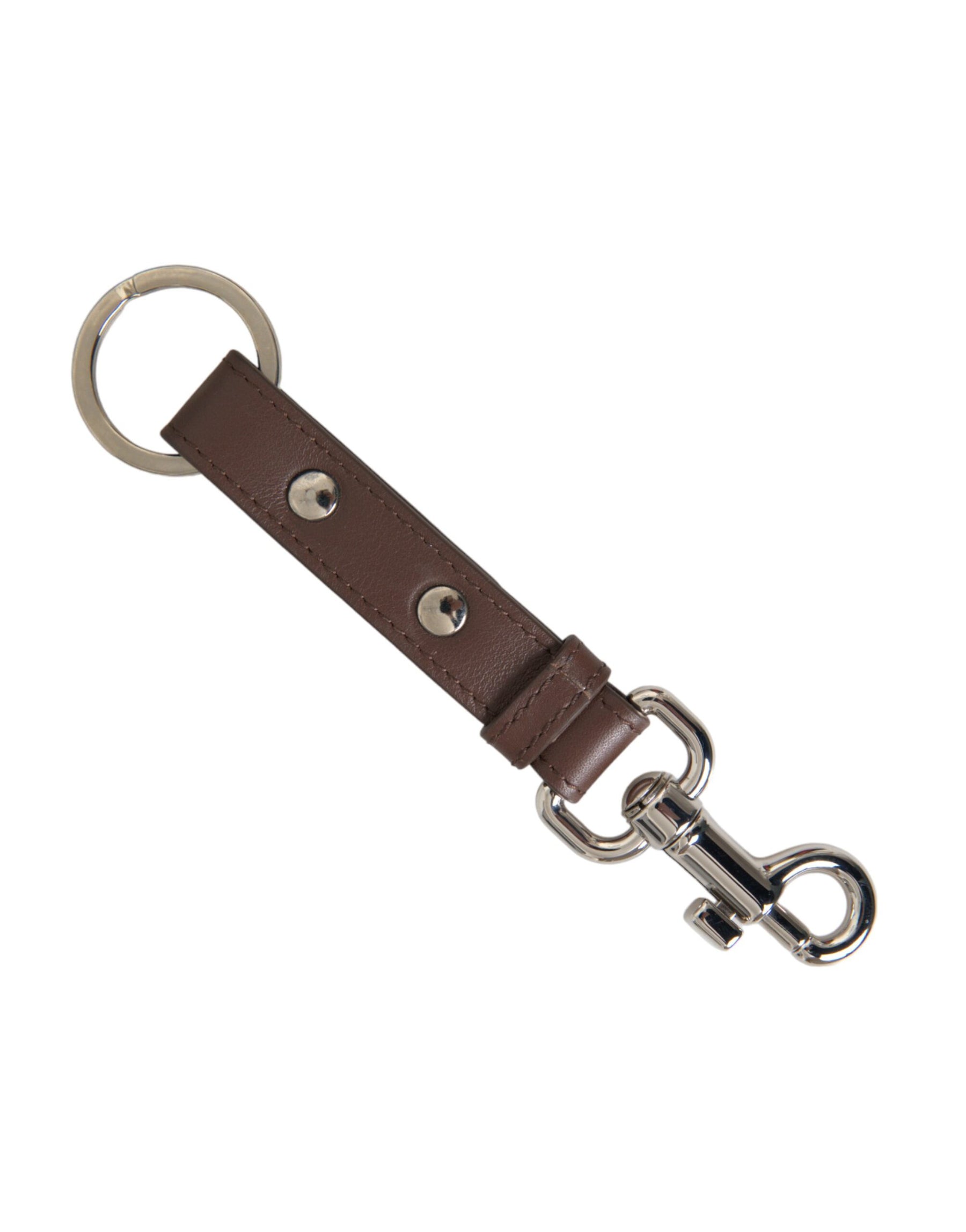 Dolce & Gabbana Brown Plain Leather Silver Brass Keyring Holder Keychain | Regal Royce