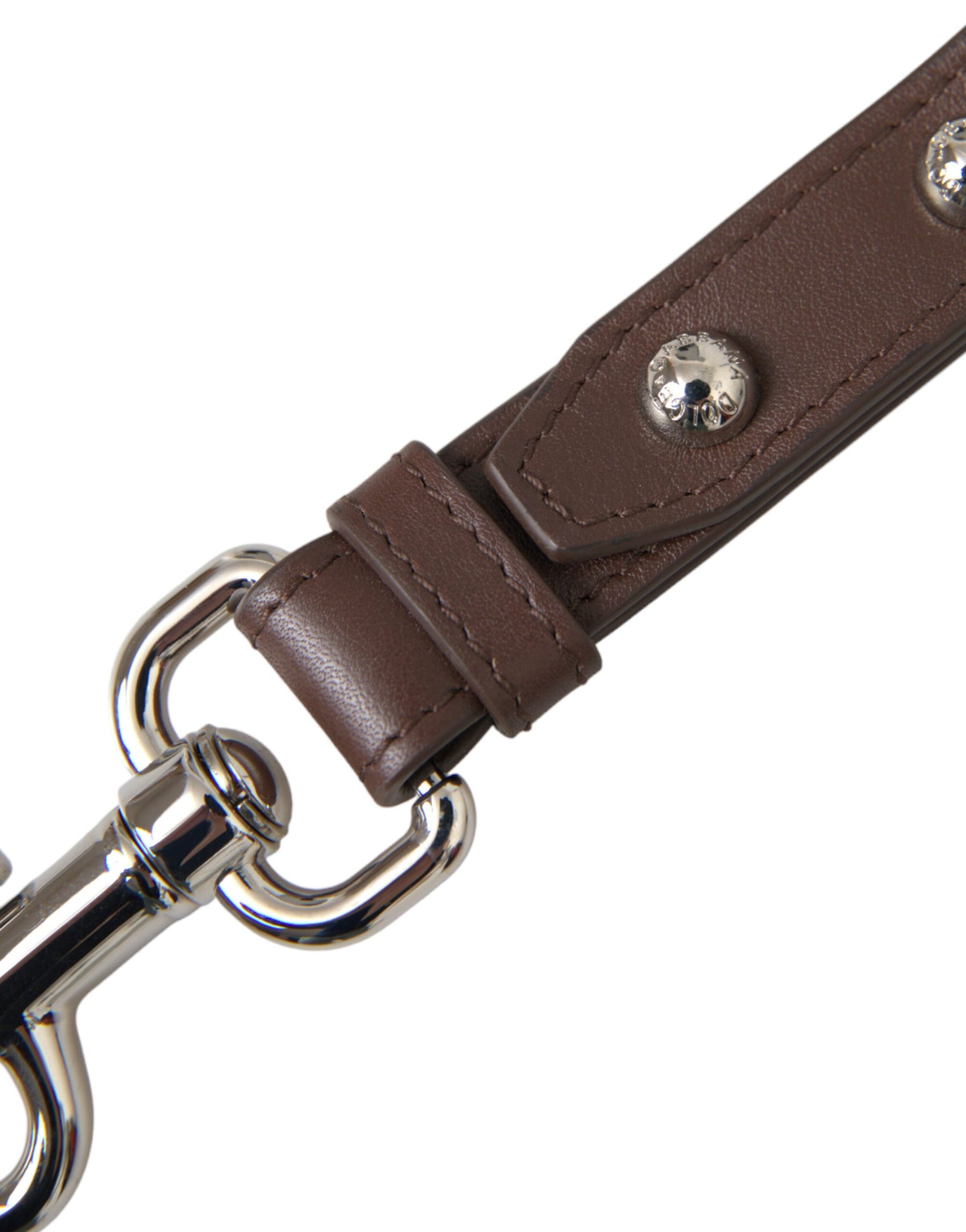 Dolce & Gabbana Brown Plain Leather Silver Brass Keyring Holder Keychain | Regal Royce