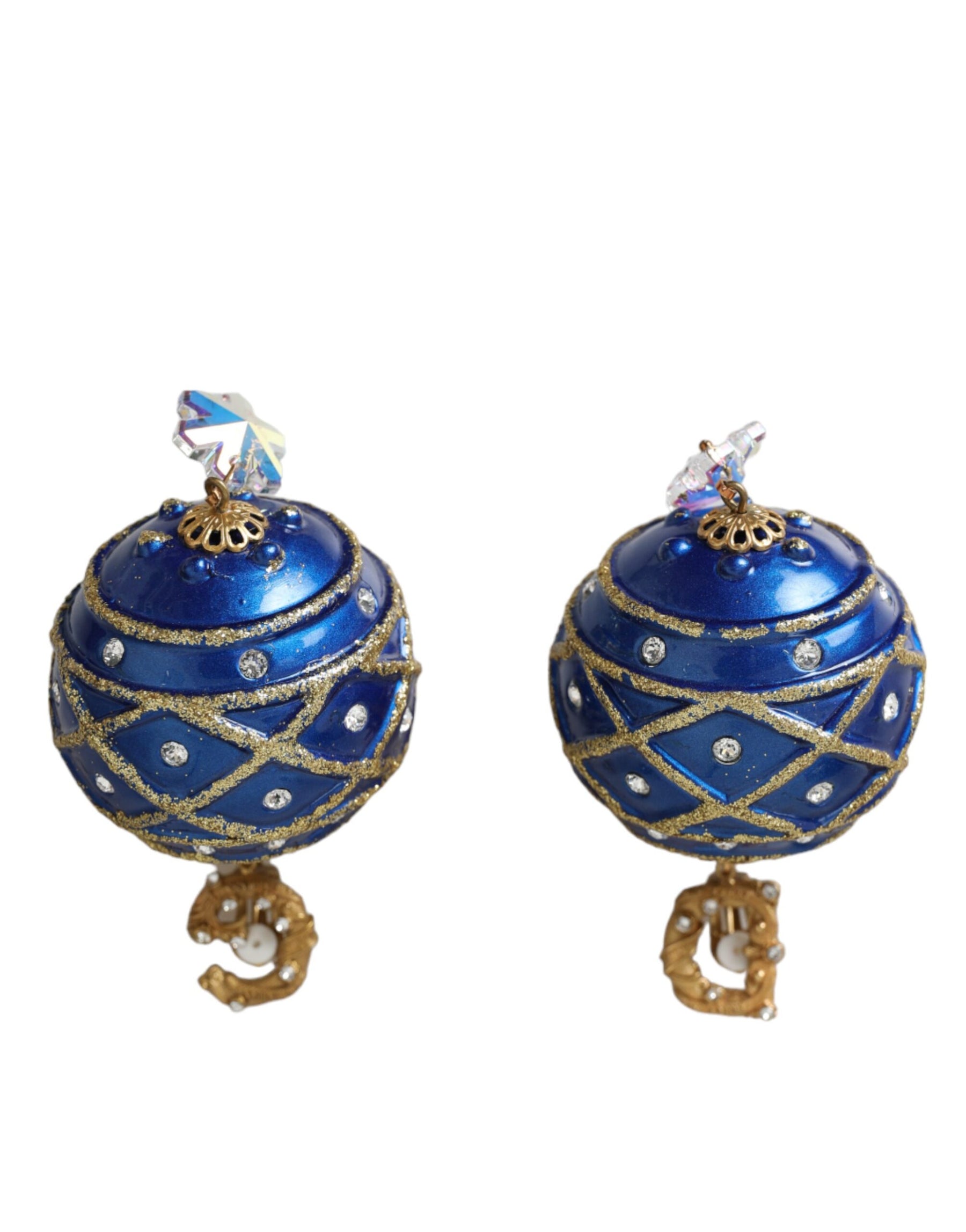 Dolce & Gabbana Gold Brass Blue Dangle Christmas Ball Crystal Clip On Earrings | Regal Royce