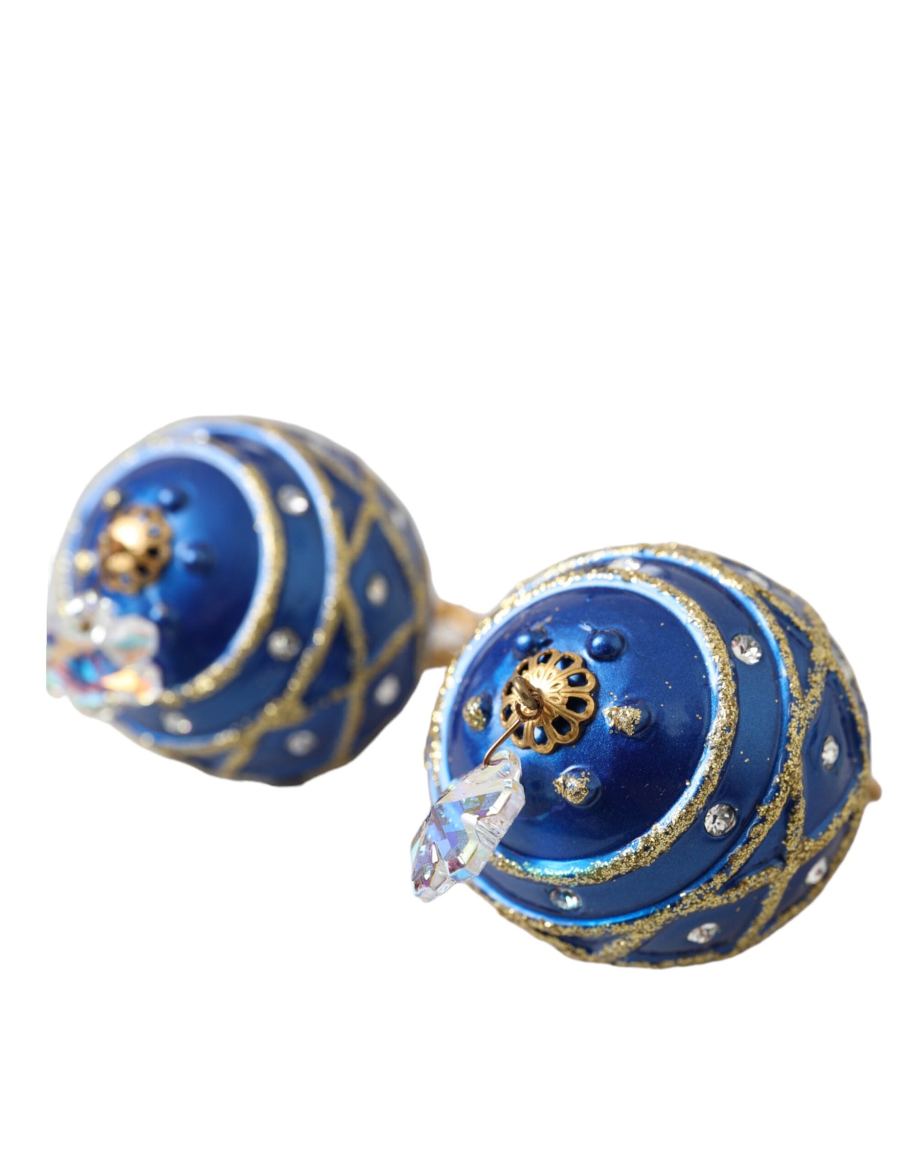 Dolce & Gabbana Gold Brass Blue Dangle Christmas Ball Crystal Clip On Earrings | Regal Royce