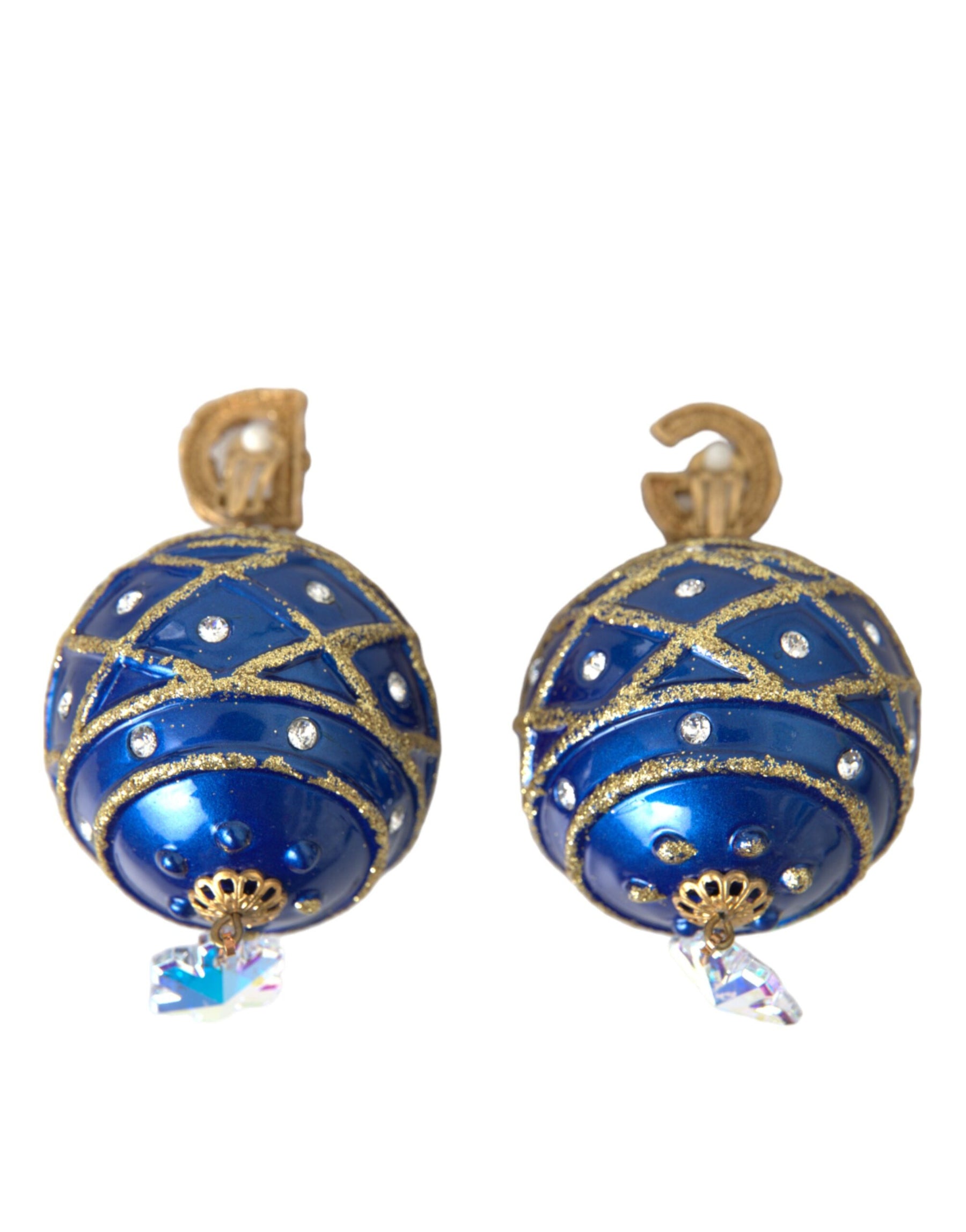 Dolce & Gabbana Gold Brass Blue Dangle Christmas Ball Crystal Clip On Earrings | Regal Royce