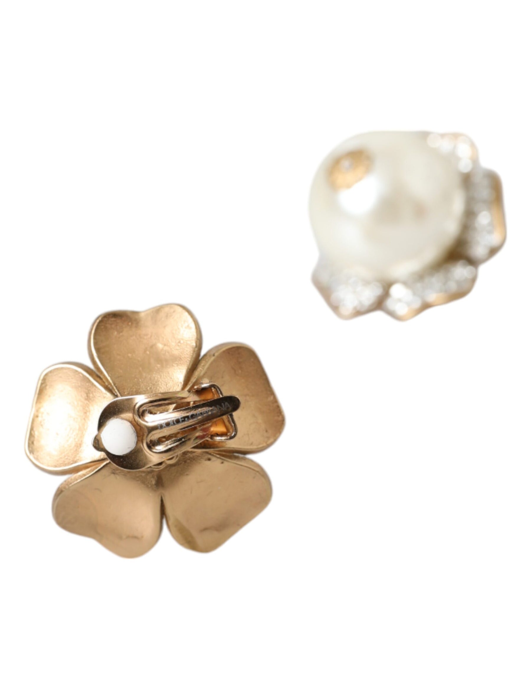 Dolce & Gabbana Gold Tone Maxi Faux Pearl Floral Clip-on Jewelry Earrings | Regal Royce