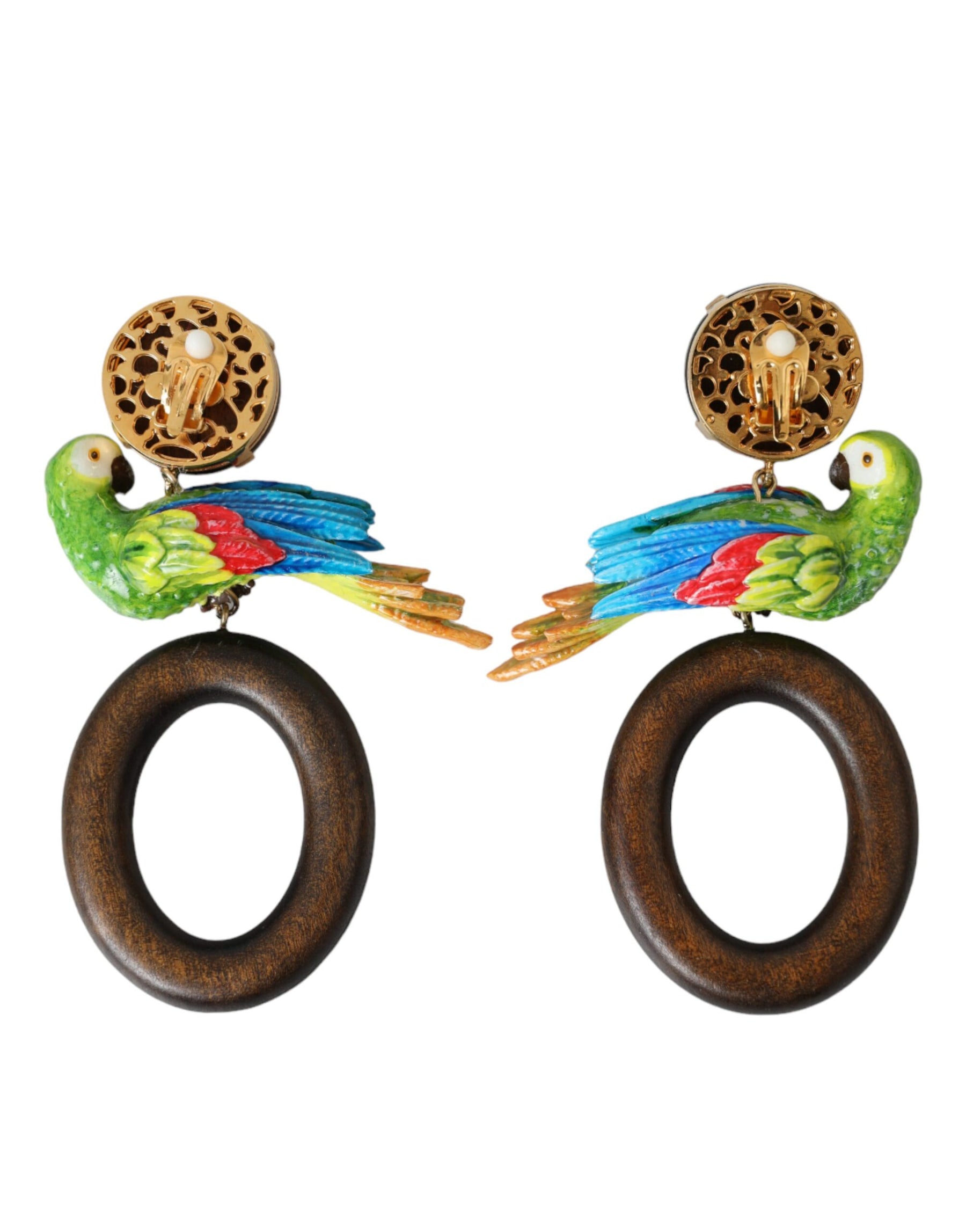Dolce & Gabbana Multicolor Parrot Wood Brass Crystal Embellished Earrings | Regal Royce