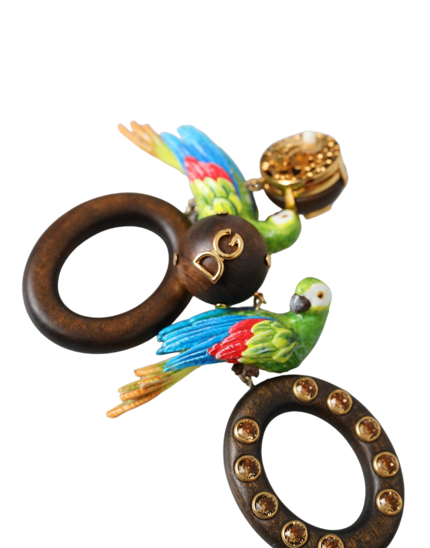Dolce & Gabbana Multicolor Parrot Wood Brass Crystal Embellished Earrings | Regal Royce