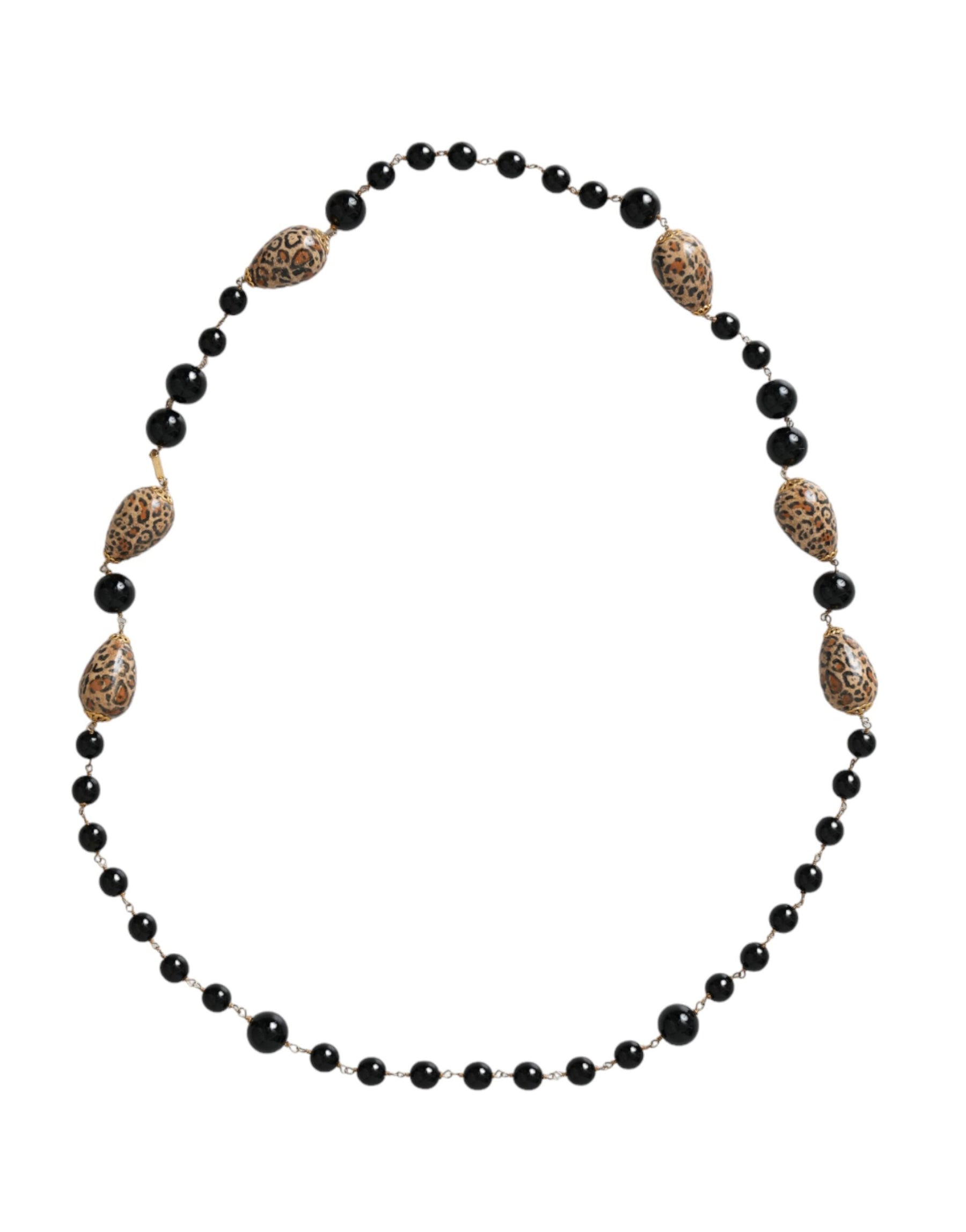 Dolce & Gabbana Gold Tone Brass Black Printed Beaded Long Chain Necklace | Regal Royce