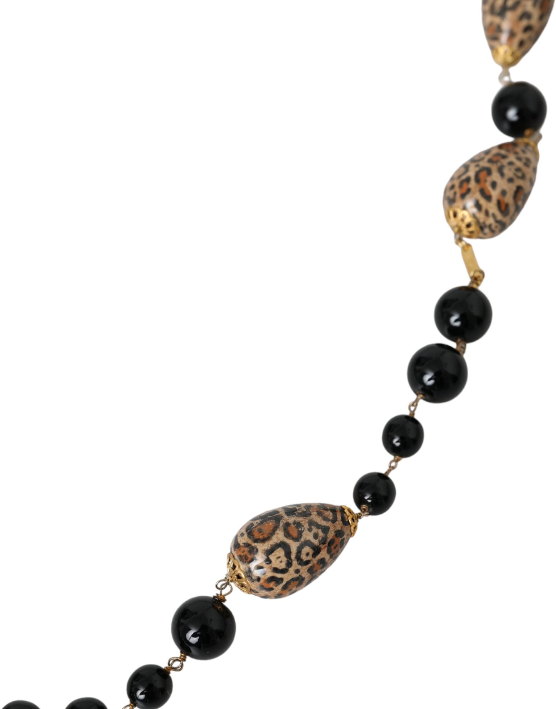 Dolce & Gabbana Gold Tone Brass Black Printed Beaded Long Chain Necklace | Regal Royce