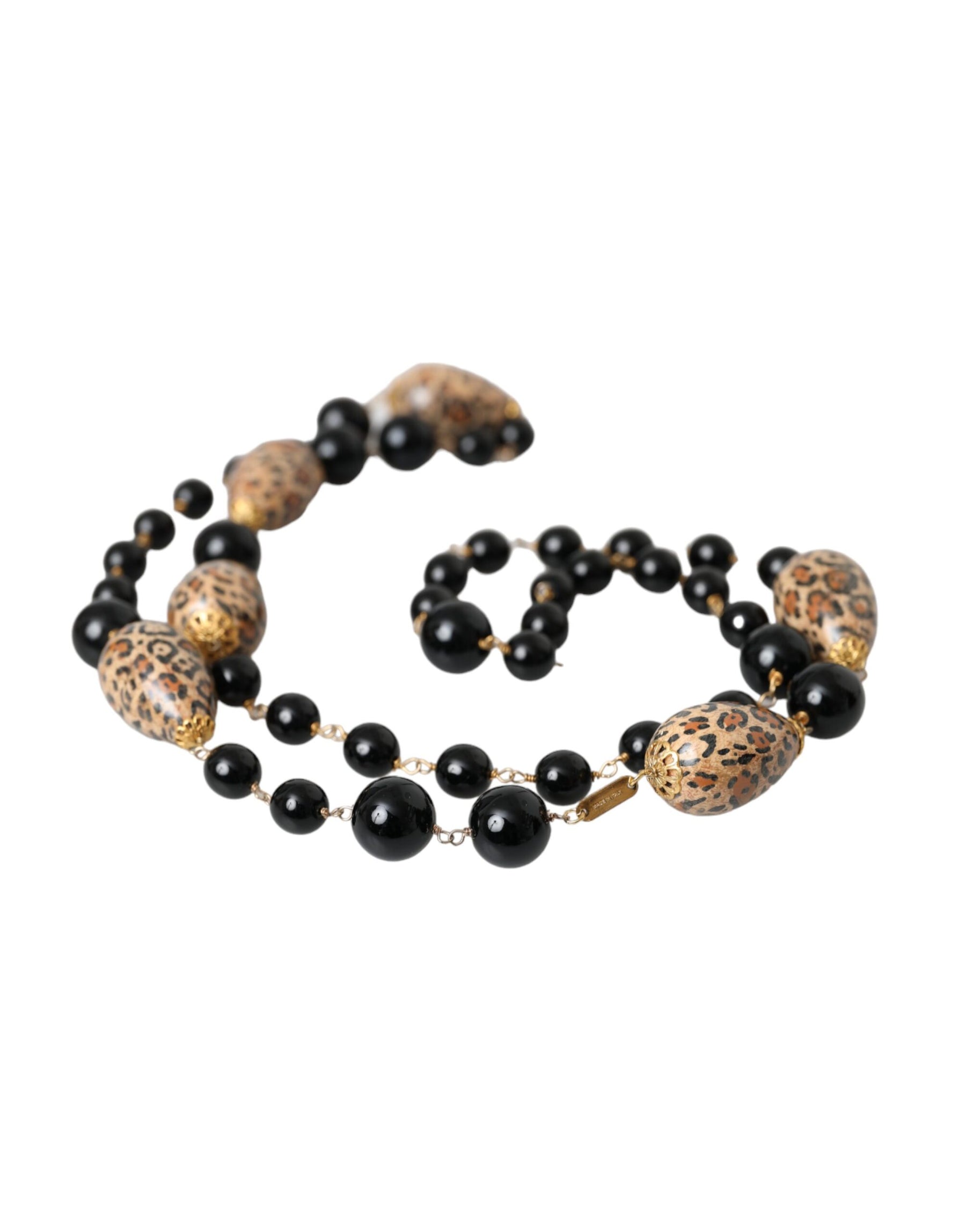 Dolce & Gabbana Gold Tone Brass Black Printed Beaded Long Chain Necklace | Regal Royce
