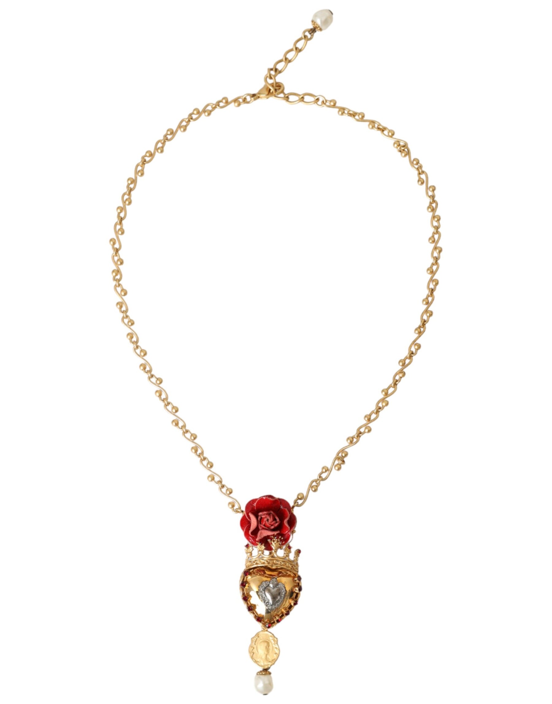 Dolce & Gabbana Gold BrassChain Sacred Heart Rose Crystal Charm Necklace | Regal Royce