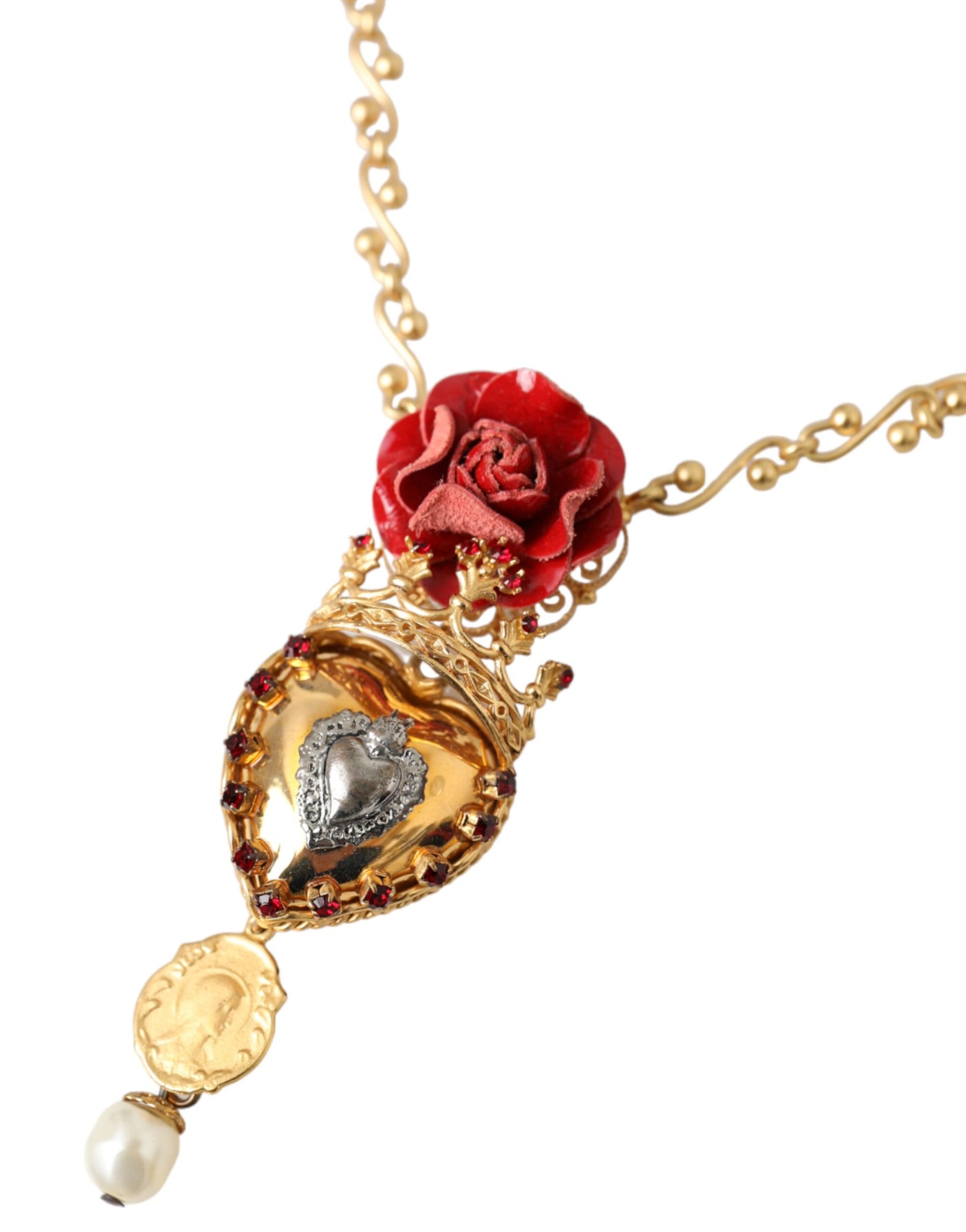 Dolce & Gabbana Gold BrassChain Sacred Heart Rose Crystal Charm Necklace | Regal Royce