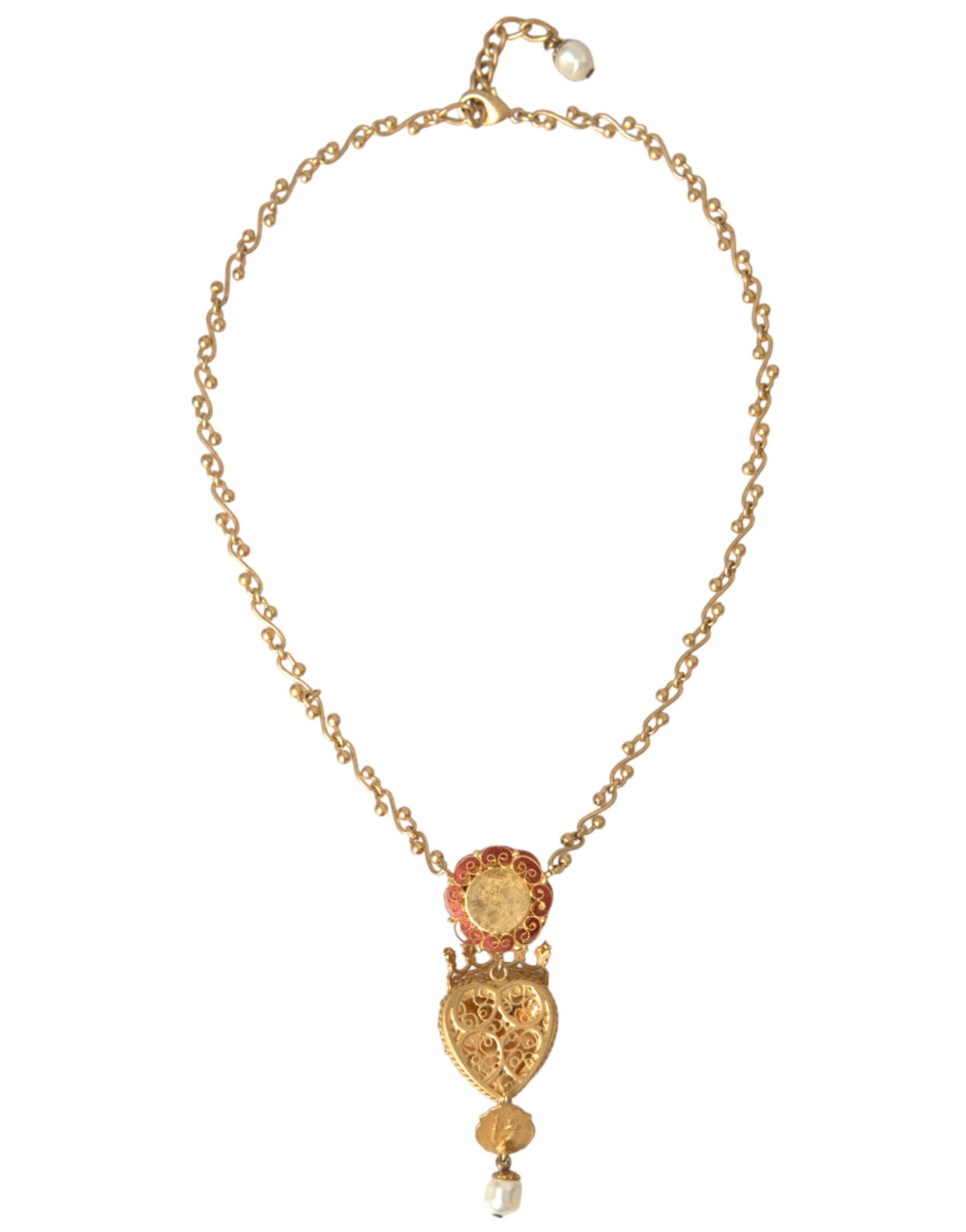 Dolce & Gabbana Gold BrassChain Sacred Heart Rose Crystal Charm Necklace | Regal Royce