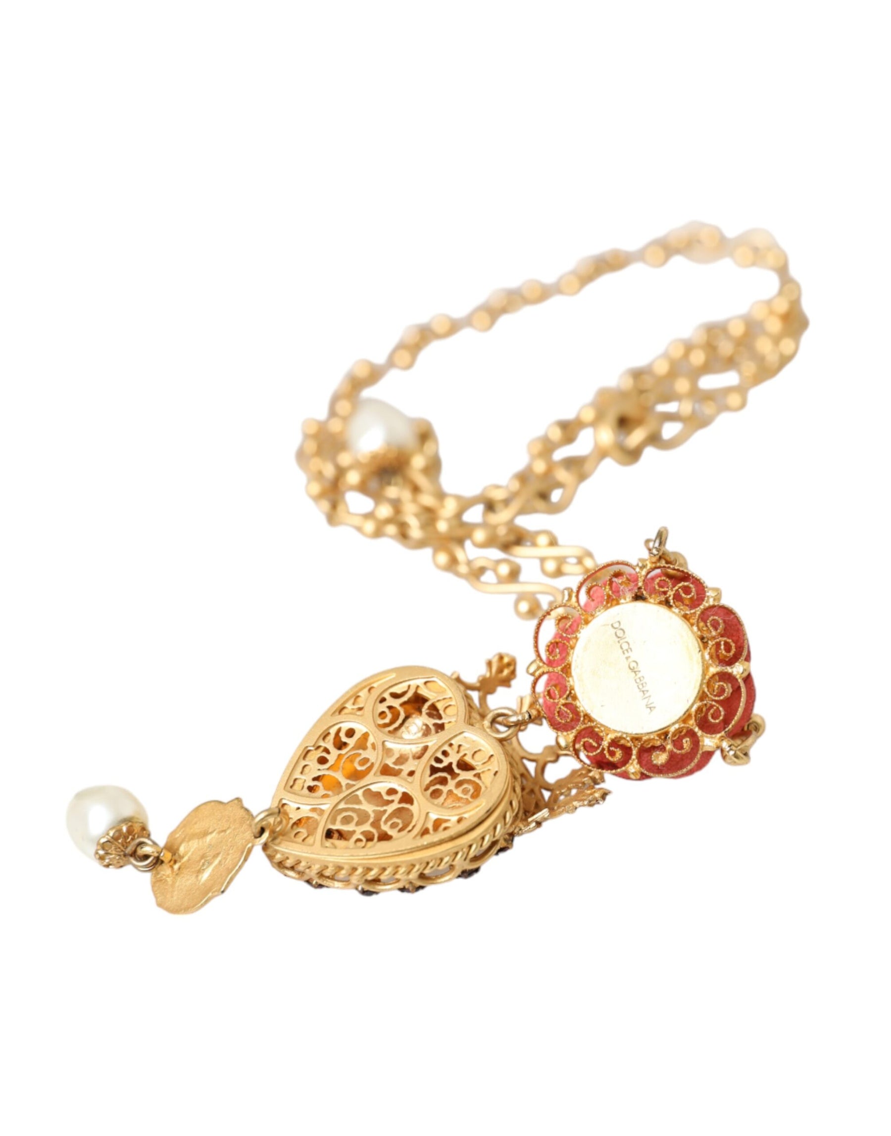 Dolce & Gabbana Gold BrassChain Sacred Heart Rose Crystal Charm Necklace | Regal Royce
