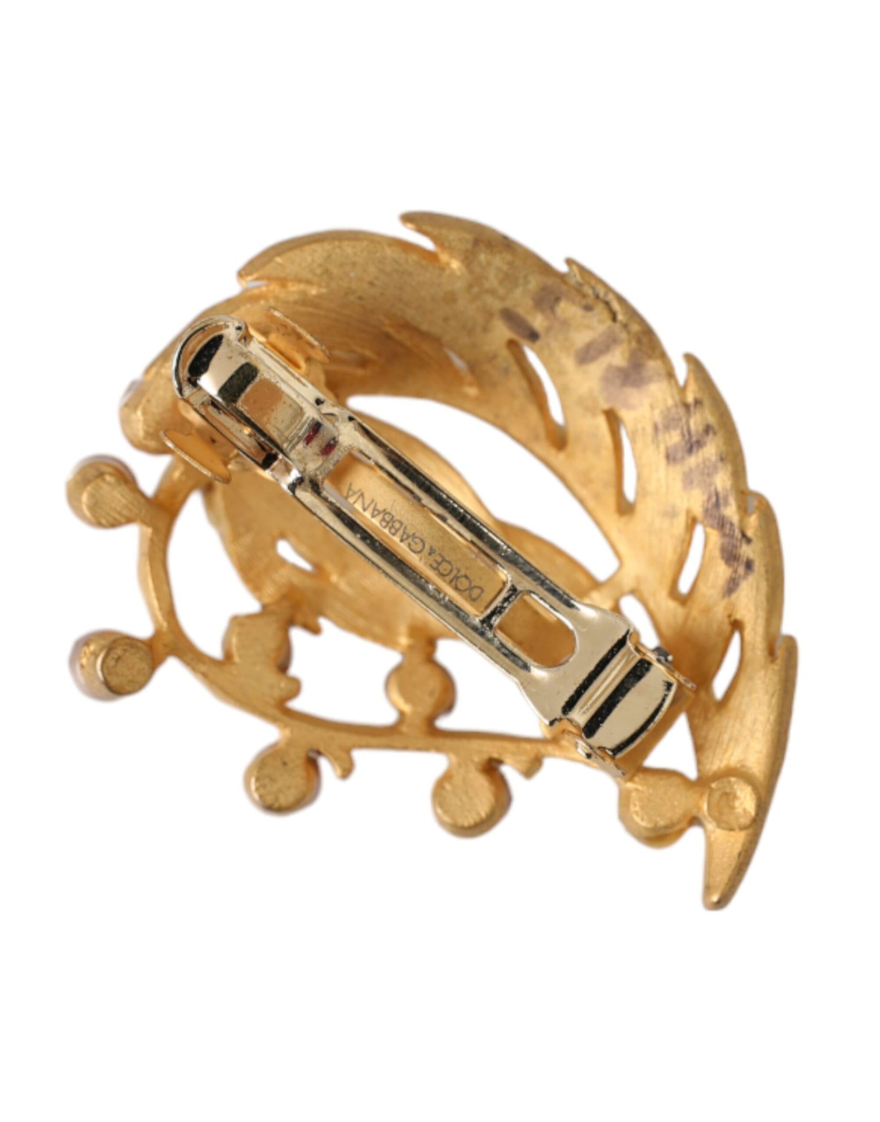 Dolce & Gabbana Gold Brass Leaf Embellished Jewelry Brooch Hair Pin | Regal Royce
