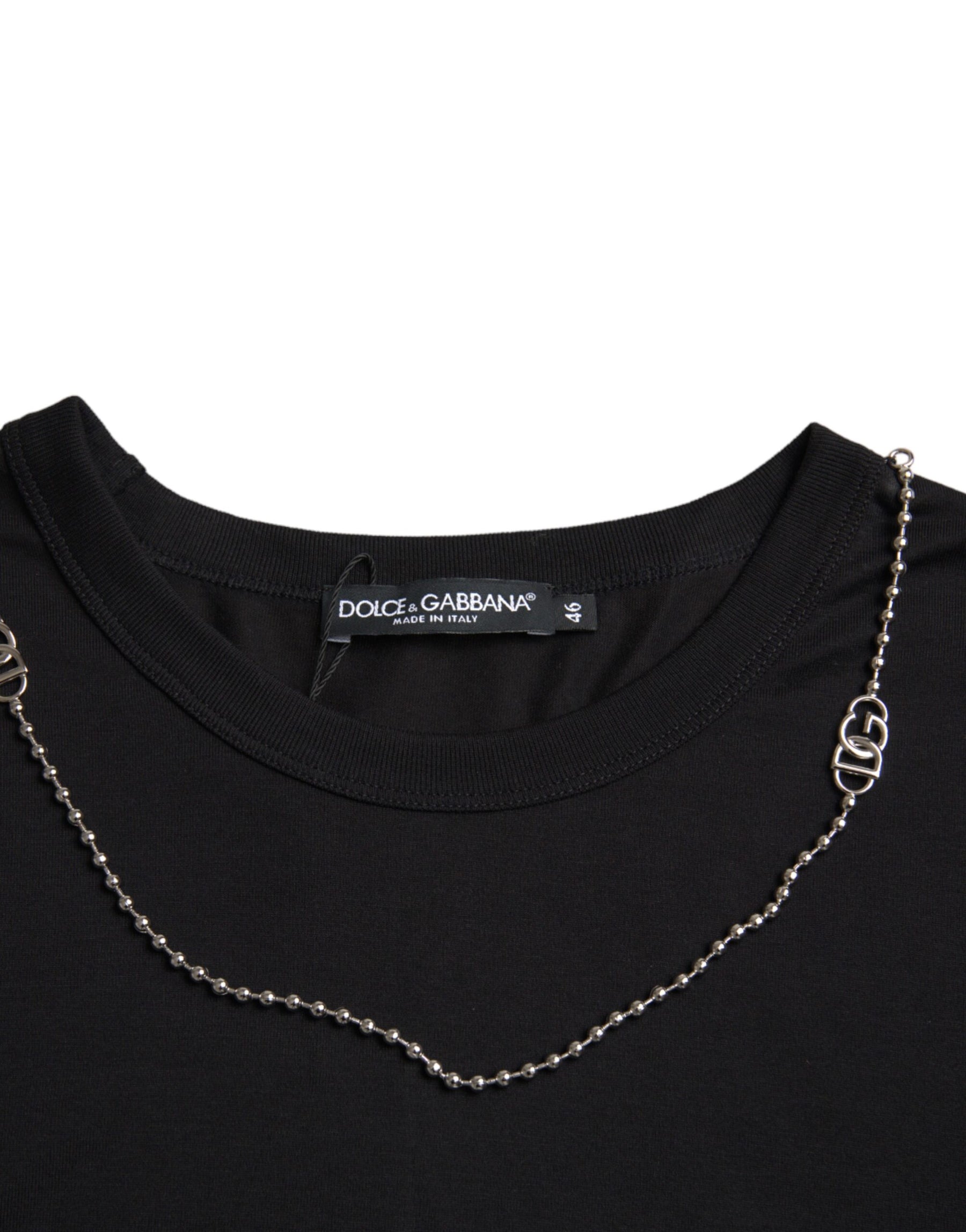 Dolce & Gabbana Black Cotton Silver Chain Short Sleeve T-shirt | Regal Royce