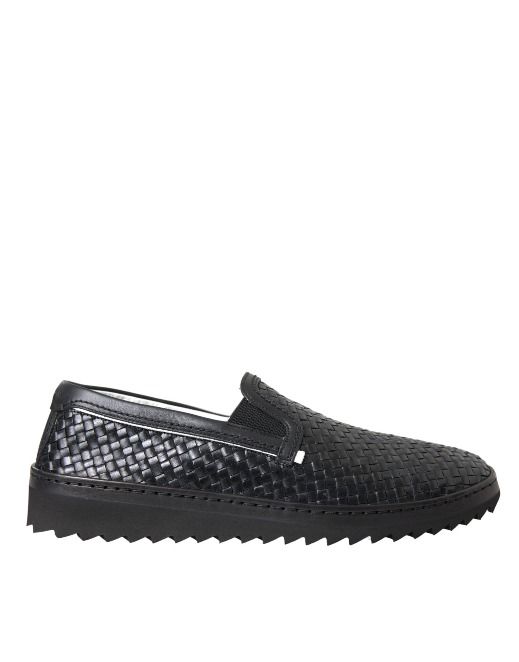 Dolce & Gabbana Black Woven Buffalo Leather Men Loafers Shoes | Regal Royce