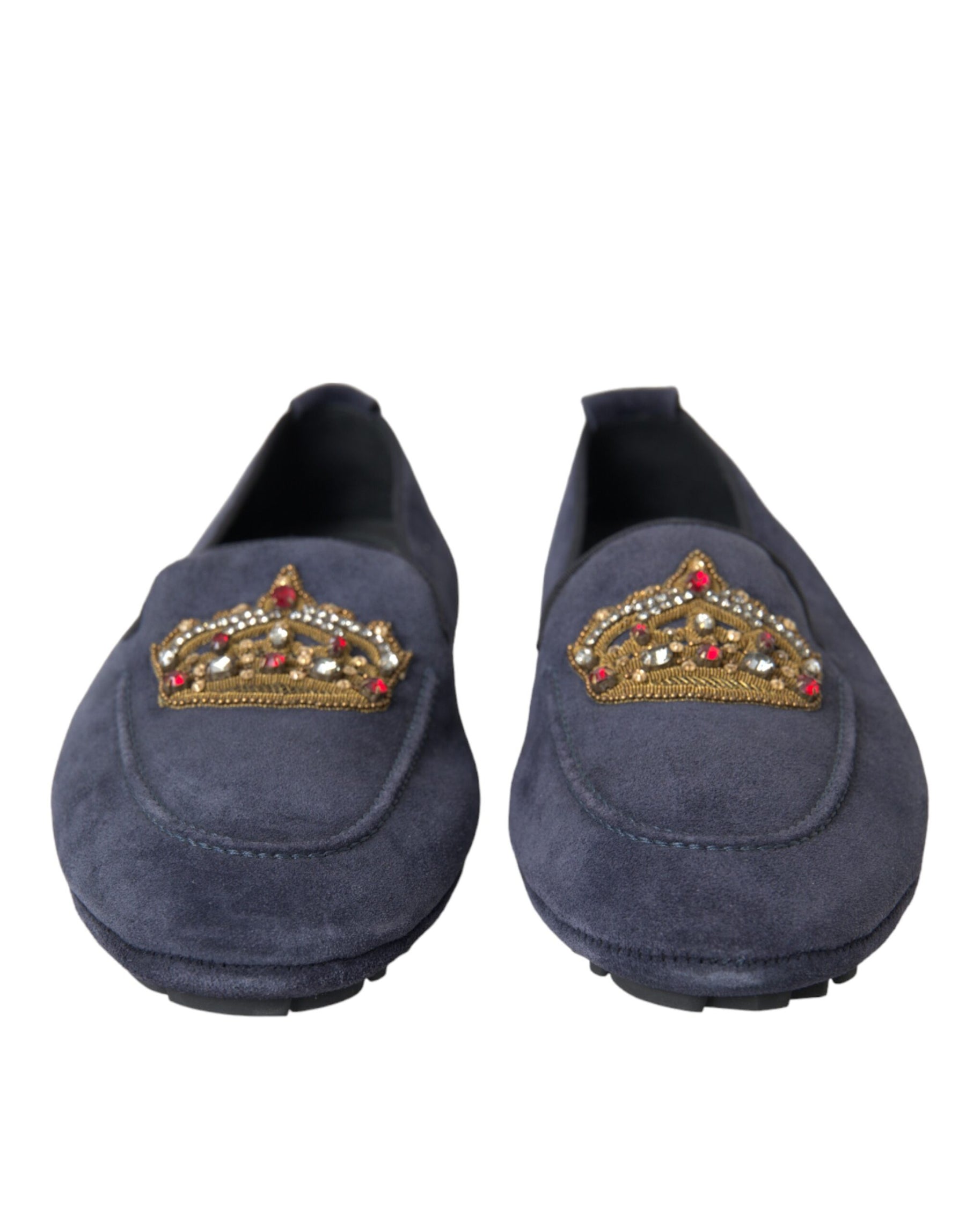 Dolce & Gabbana Blue Leather Suede Crystal Crown Loafers Shoes | Regal Royce