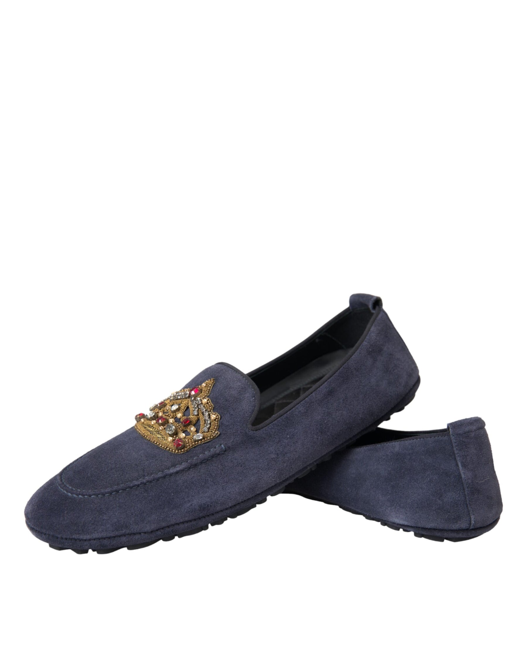 Dolce & Gabbana Blue Leather Suede Crystal Crown Loafers Shoes | Regal Royce