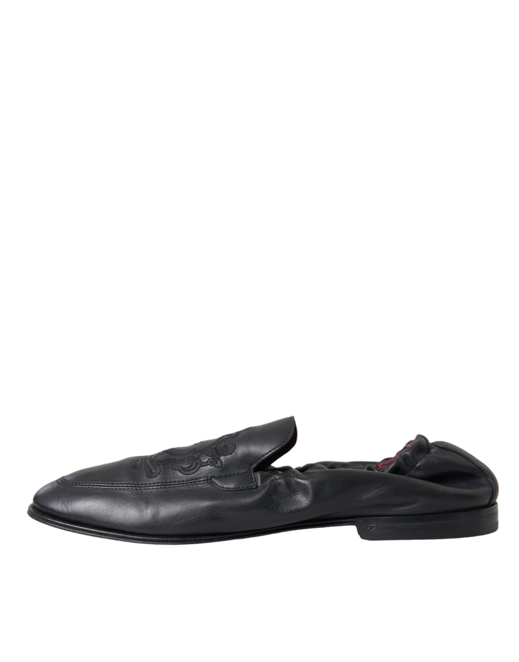 Dolce & Gabbana Black Logo Embroidered Leather Loafer Men Dress Shoes | Regal Royce