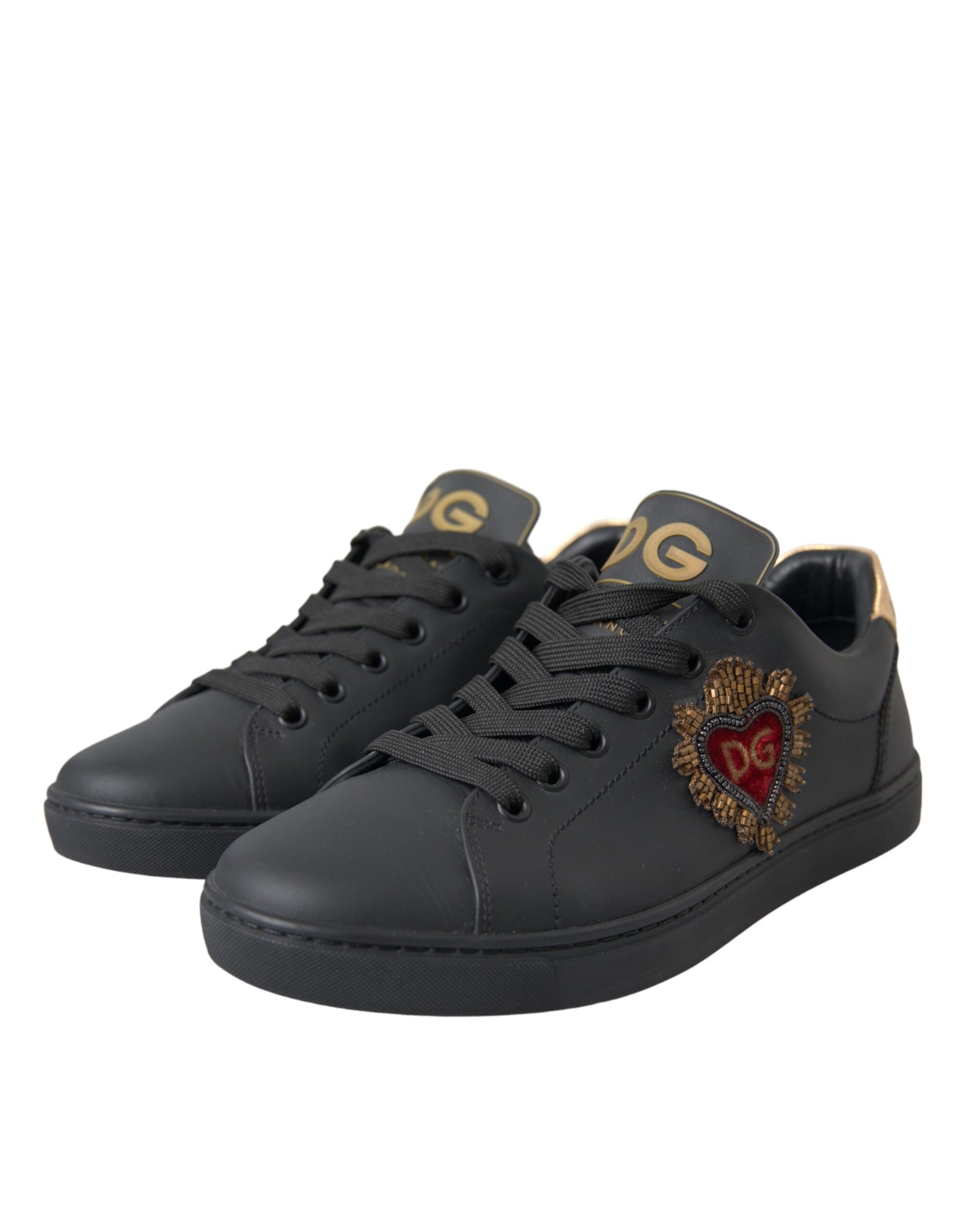 Dolce & Gabbana Black Leather Heart Embellished Sneakers Shoes | Regal Royce